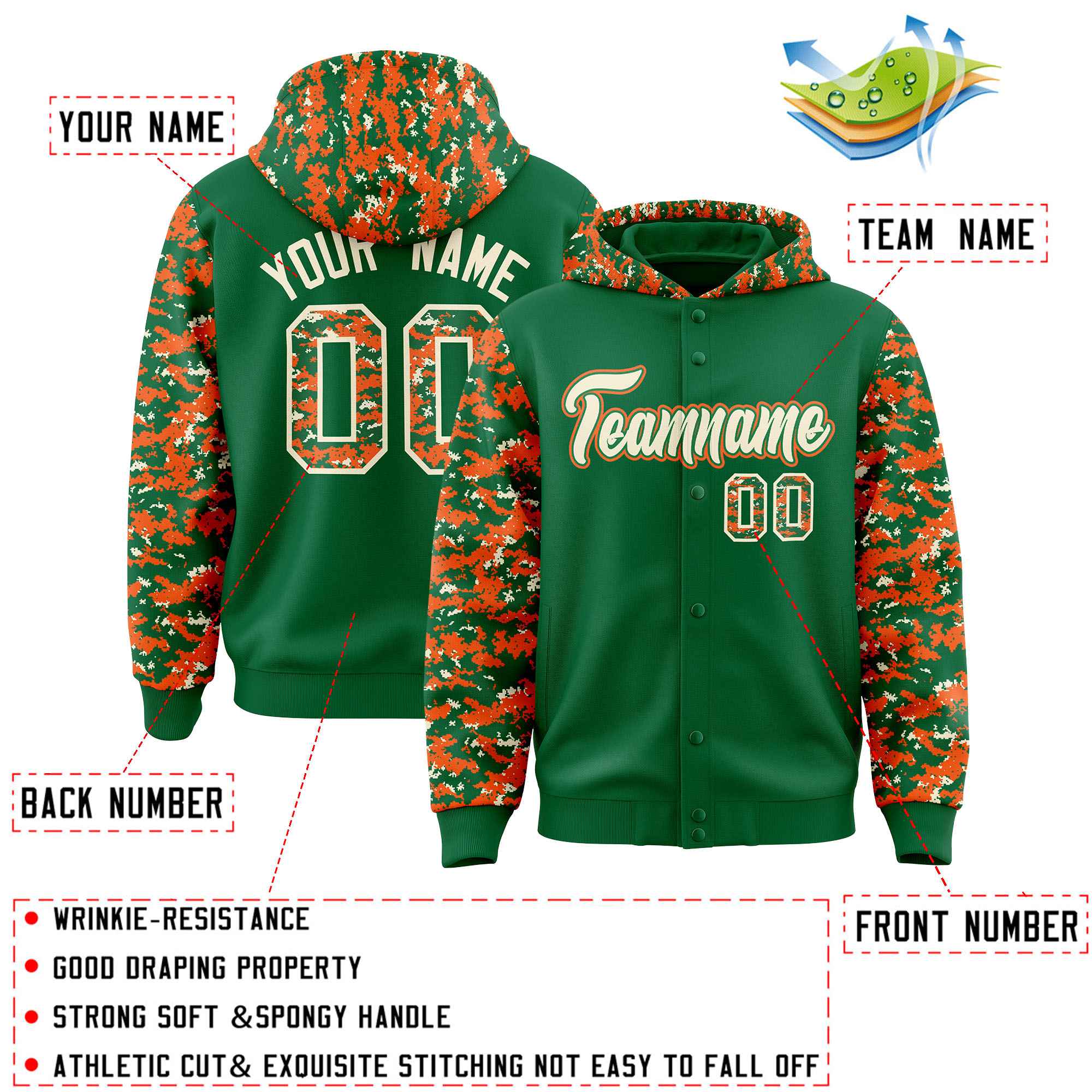 Custom Kelly Green Orange-Cream Raglan Sleeves Varsity Full-Snap Letterman Camo Jacket Hoodie| KXKSHOP