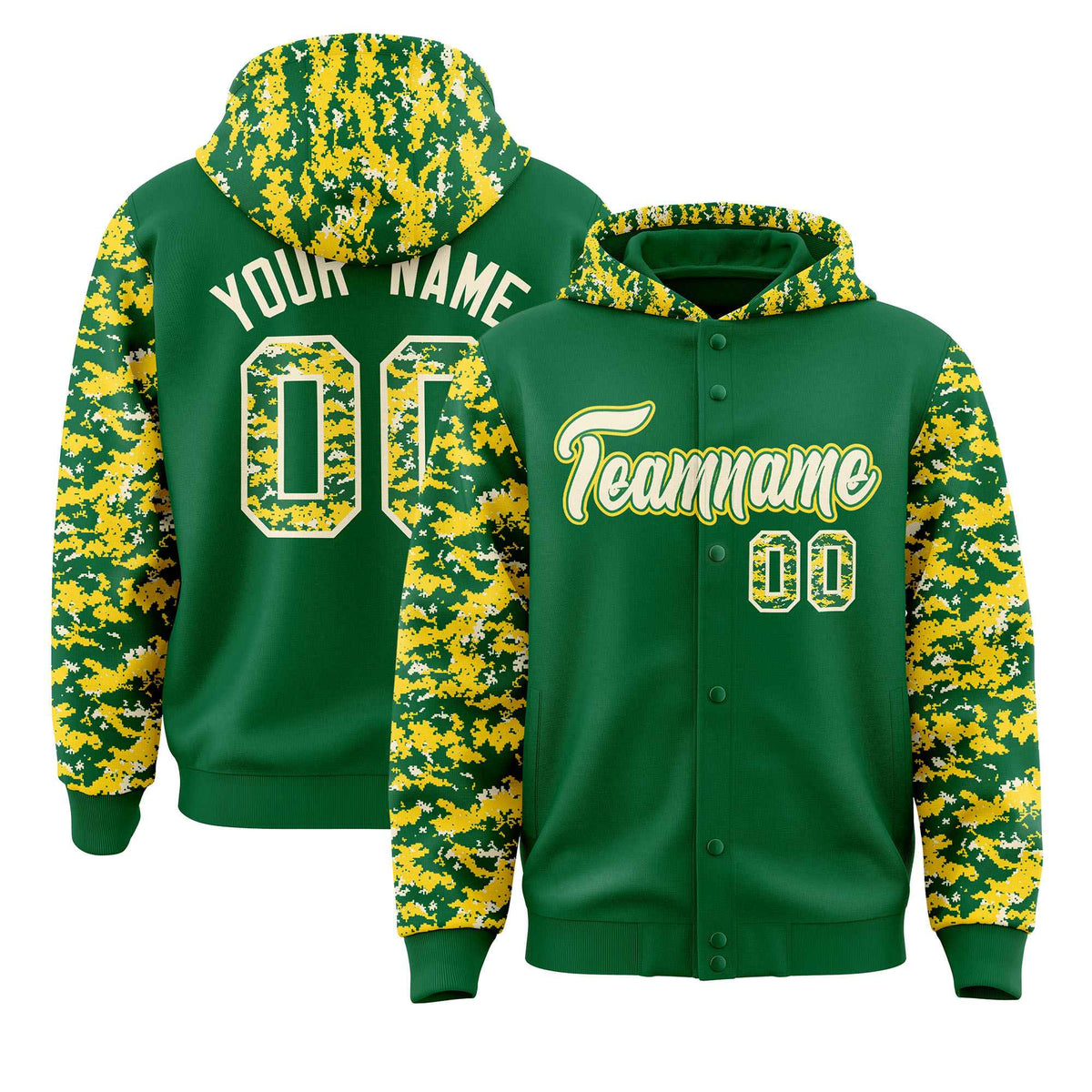 Custom Kelly Green Gold-Cream Raglan Sleeves Varsity Full-Snap Letterman Camo Jacket Hoodie| KXKSHOP