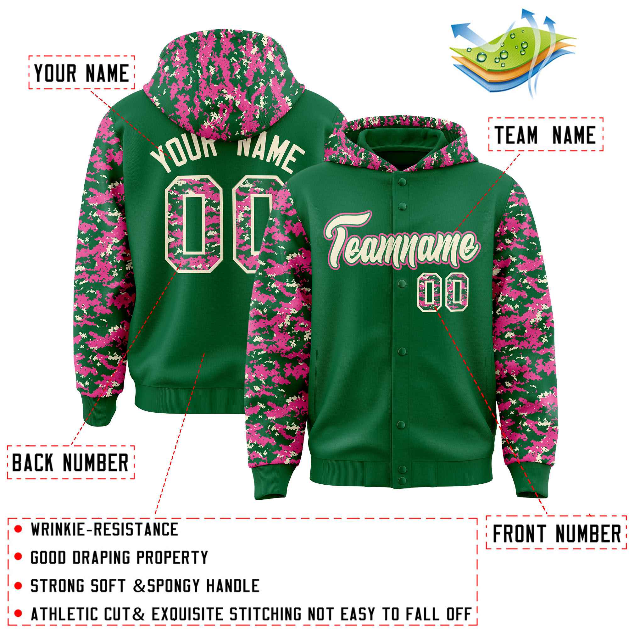 Custom Kelly Green Pink-Cream Raglan Sleeves Varsity Full-Snap Letterman Camo Jacket Hoodie| KXKSHOP