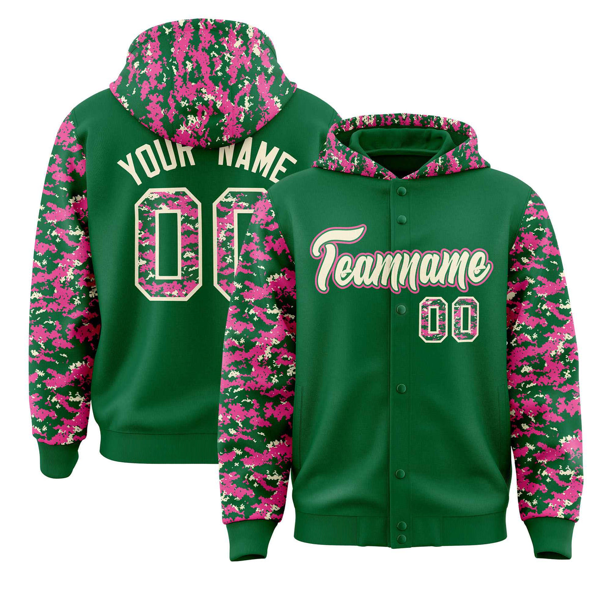 Custom Kelly Green Pink-Cream Raglan Sleeves Varsity Full-Snap Letterman Camo Jacket Hoodie| KXKSHOP