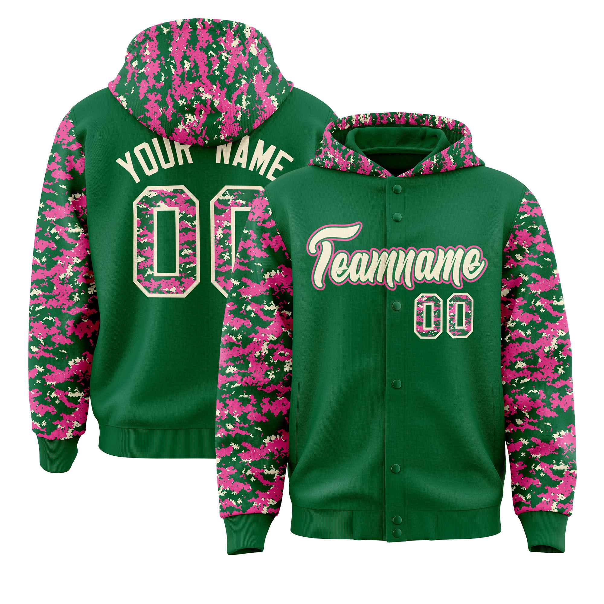Custom Kelly Green Pink-Cream Raglan Sleeves Varsity Full-Snap Letterman Camo Jacket Hoodie| KXKSHOP