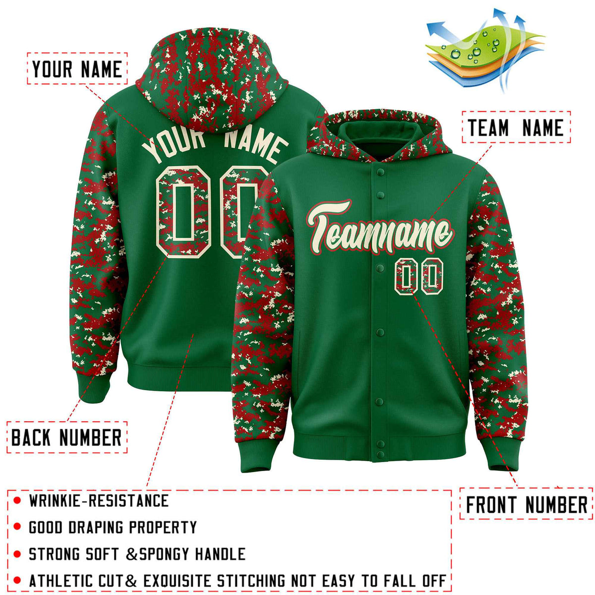 Custom Kelly Green Red-Cream Raglan Sleeves Varsity Full-Snap Letterman Camo Jacket Hoodie| KXKSHOP