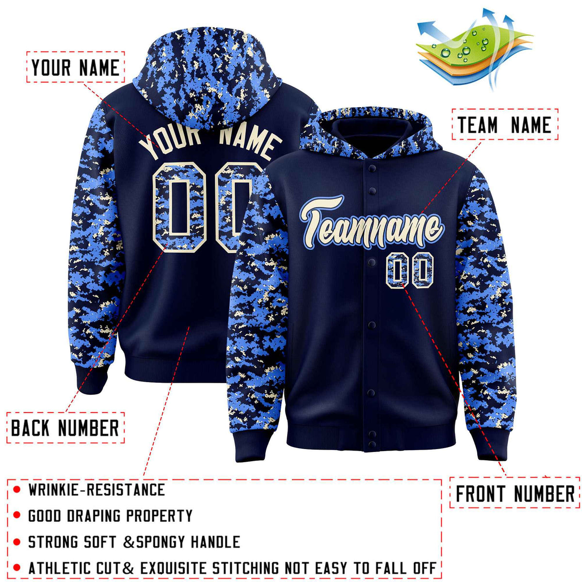 Custom Navy Powder Blue-Cream Raglan Sleeves Varsity Full-Snap Letterman Camo Jacket Hoodie| KXKSHOP