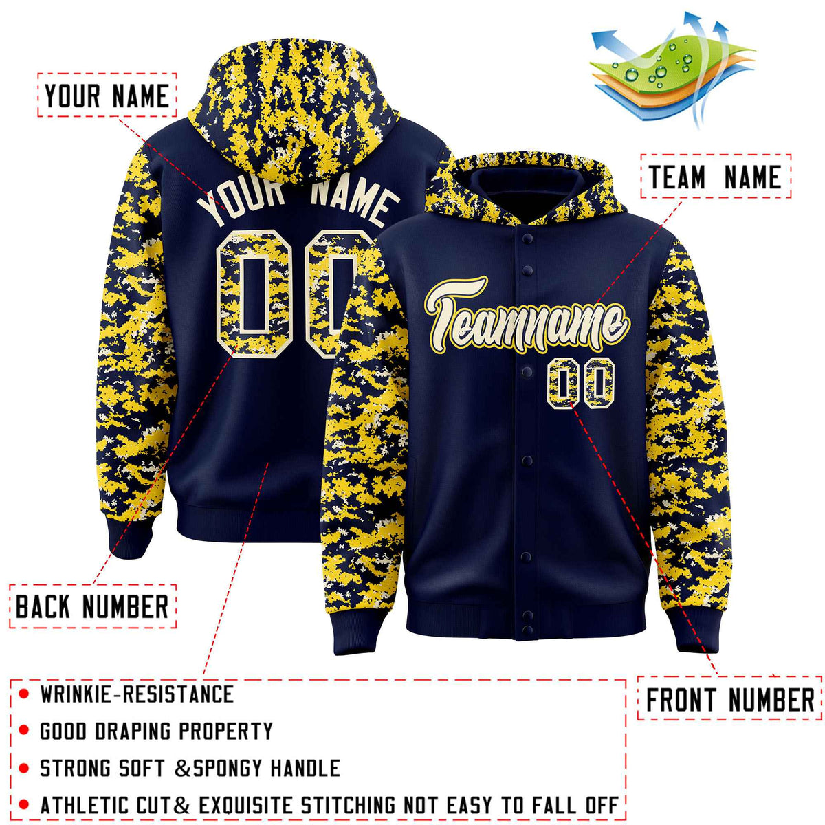 Custom Navy Gold-Cream Raglan Sleeves Varsity Full-Snap Letterman Camo Jacket Hoodie| KXKSHOP