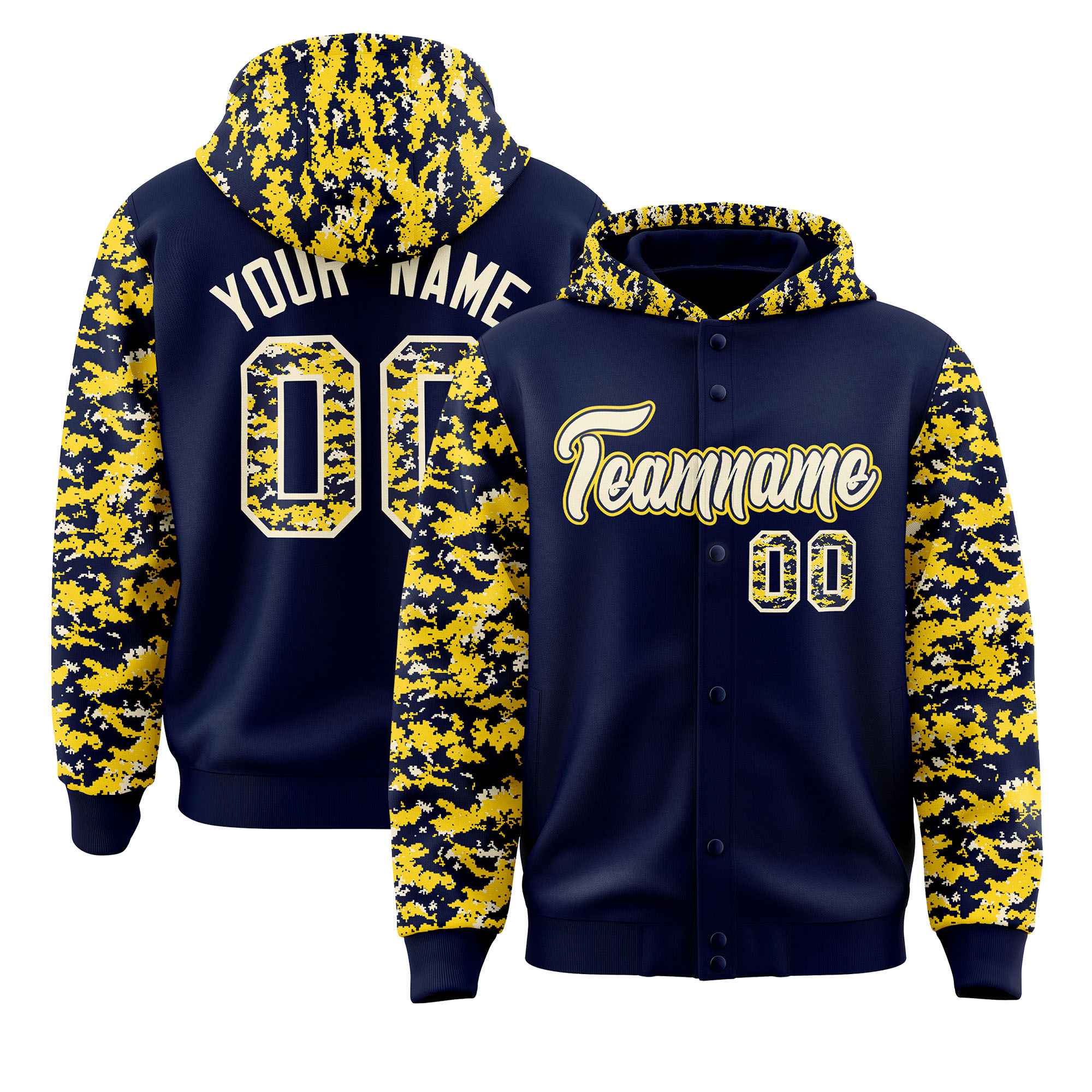 Custom Navy Gold-Cream Raglan Sleeves Varsity Full-Snap Letterman Camo Jacket Hoodie| KXKSHOP