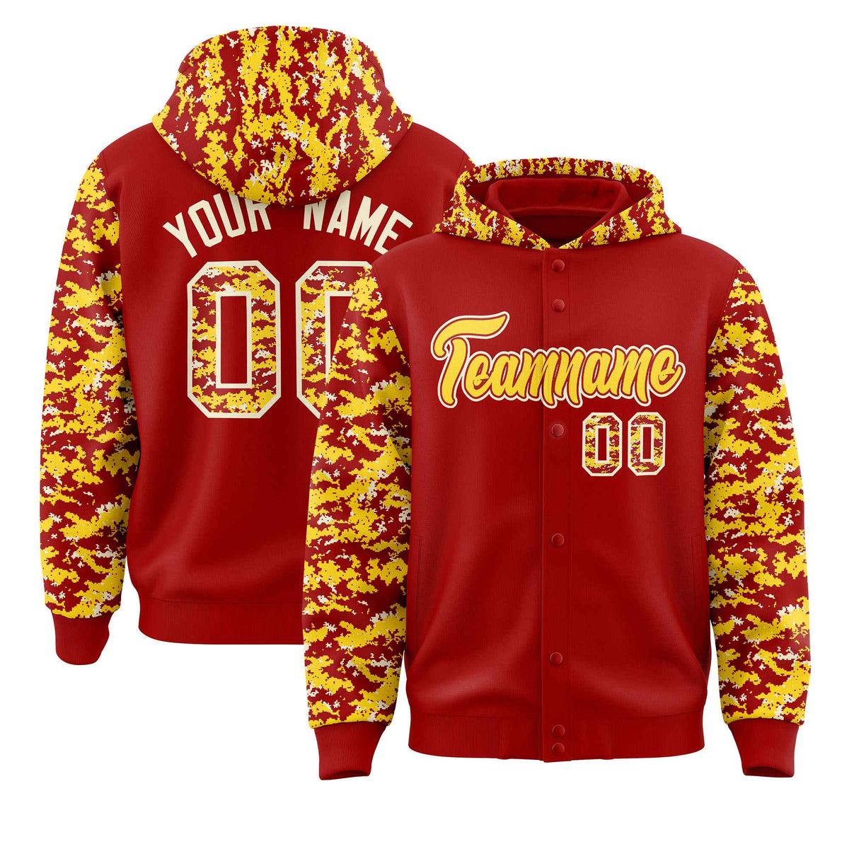 Custom Red Gold-Cream Raglan Sleeves Varsity Full-Snap Letterman Camo Jacket Hoodie| KXKSHOP