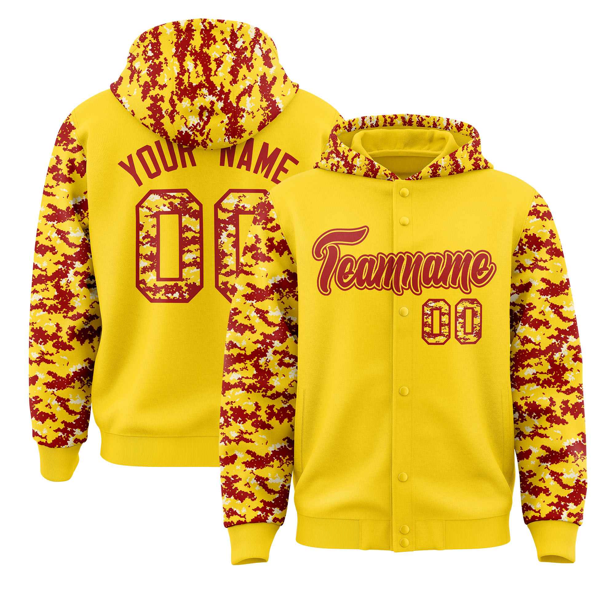 Custom Gold Red-Cream Raglan Sleeves Varsity Full-Snap Letterman Camo Jacket Hoodie| KXKSHOP