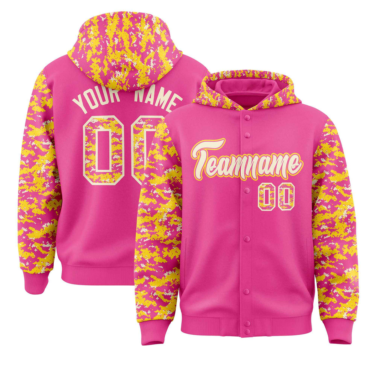 Custom Pink Gold-Cream Raglan Sleeves Varsity Full-Snap Letterman Camo Jacket Hoodie| KXKSHOP