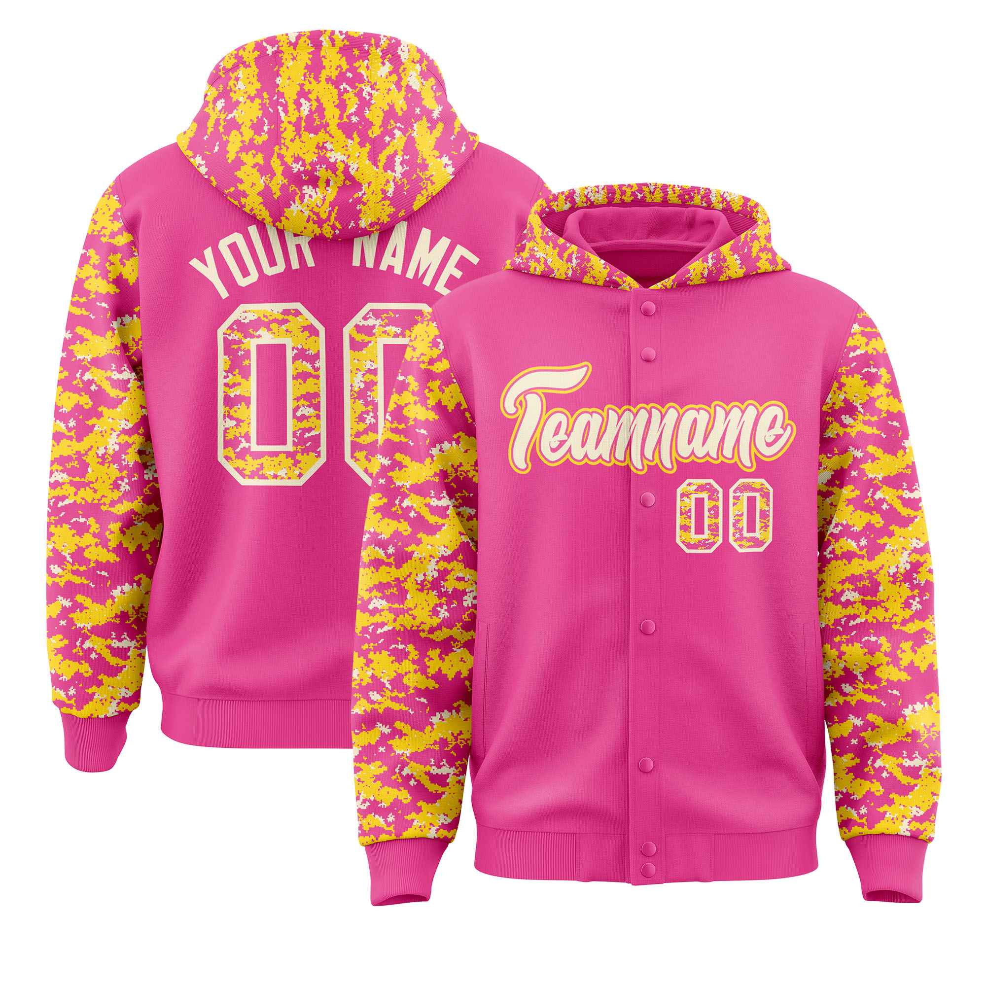 Custom Pink Gold-Cream Raglan Sleeves Varsity Full-Snap Letterman Camo Jacket Hoodie| KXKSHOP