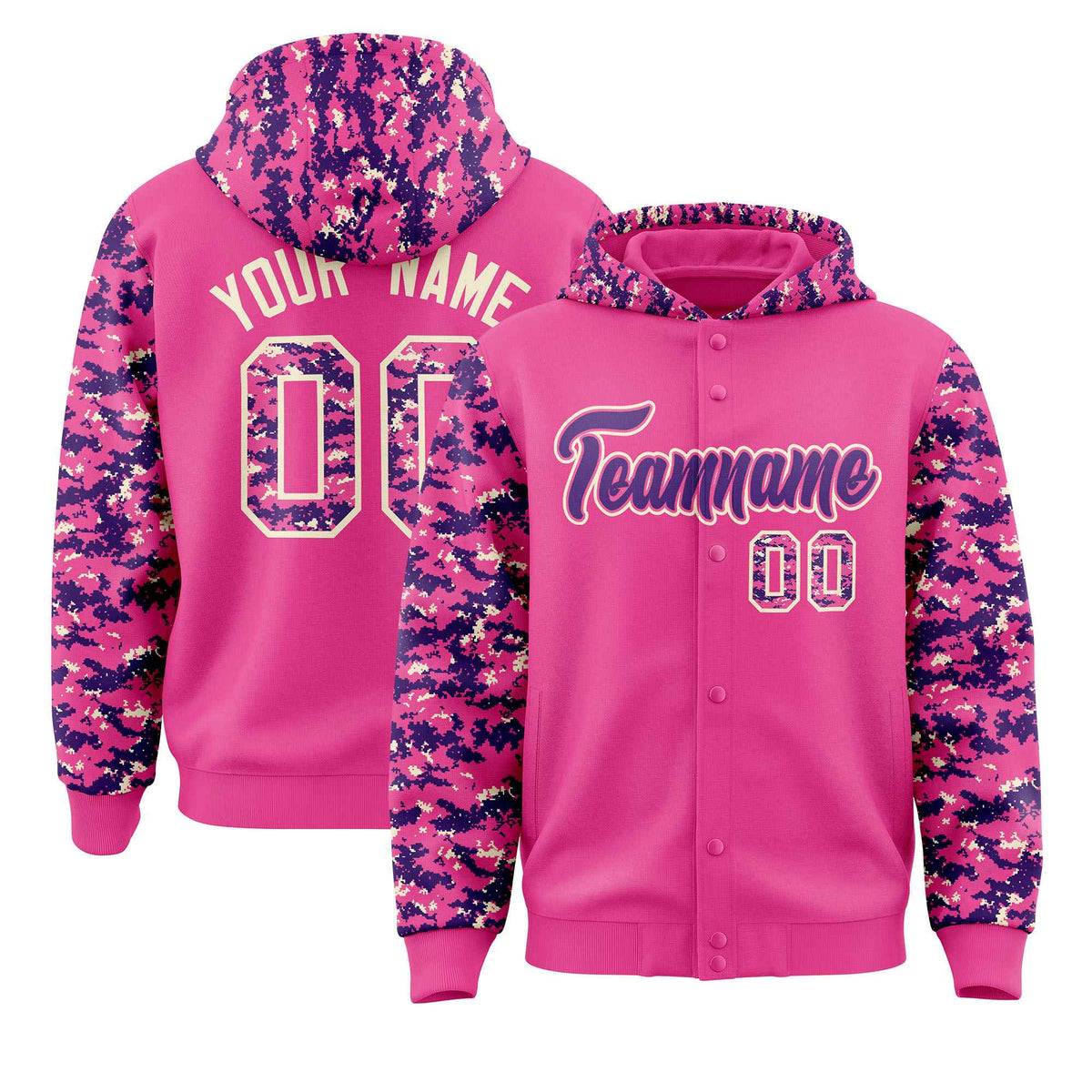 Custom Pink Purple-Cream Raglan Sleeves Varsity Full-Snap Letterman Camo Jacket Hoodie| KXKSHOP