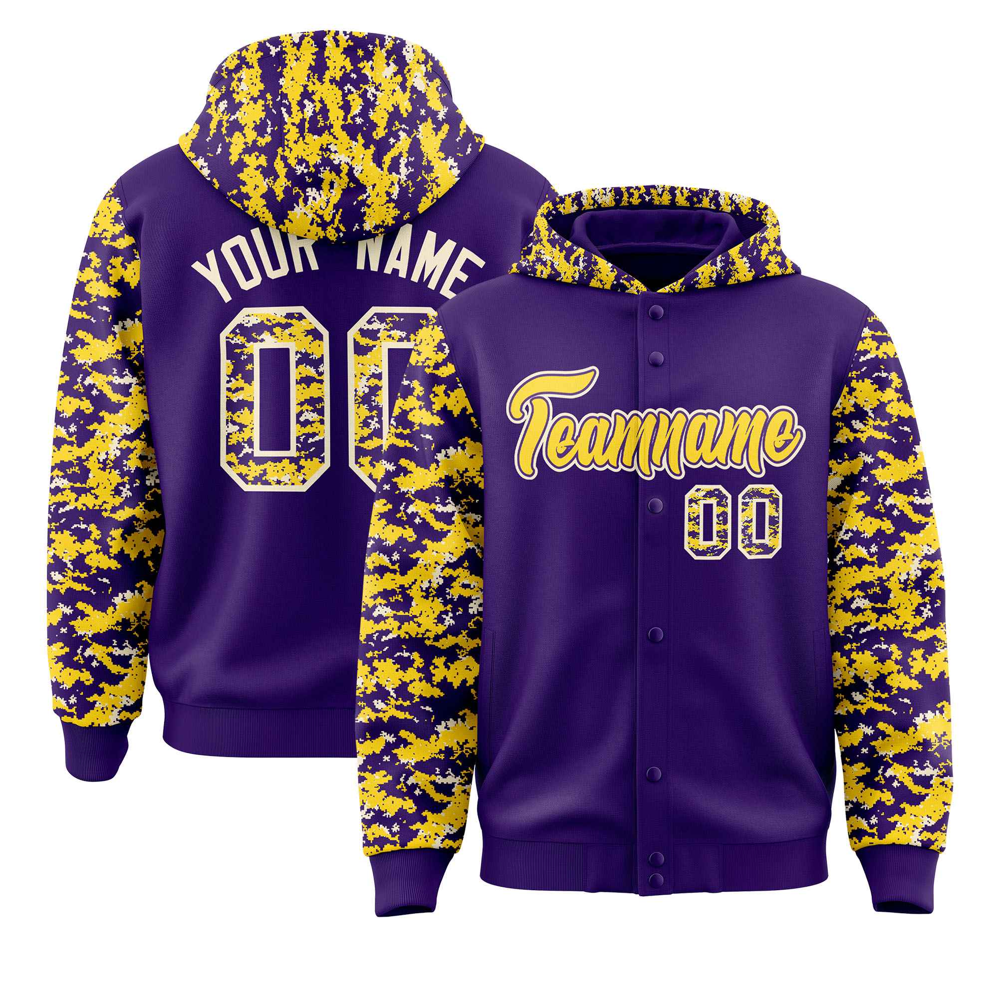 Custom Purple Gold-Cream Raglan Sleeves Varsity Full-Snap Letterman Camo Jacket Hoodie| KXKSHOP