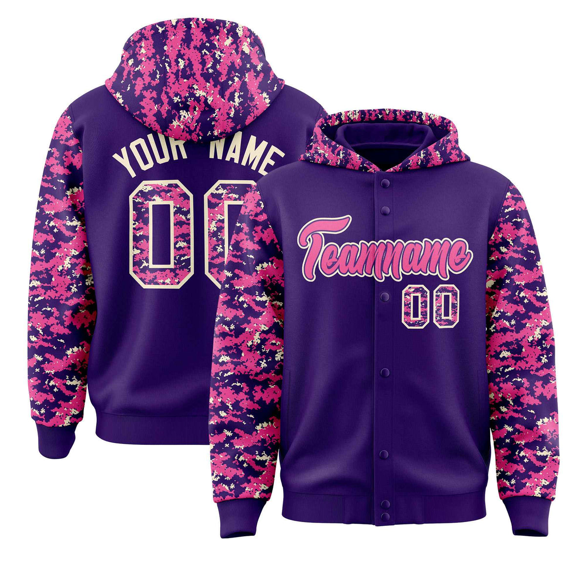 Custom Purple Pink-Cream Raglan Sleeves Varsity Full-Snap Letterman Camo Jacket Hoodie| KXKSHOP