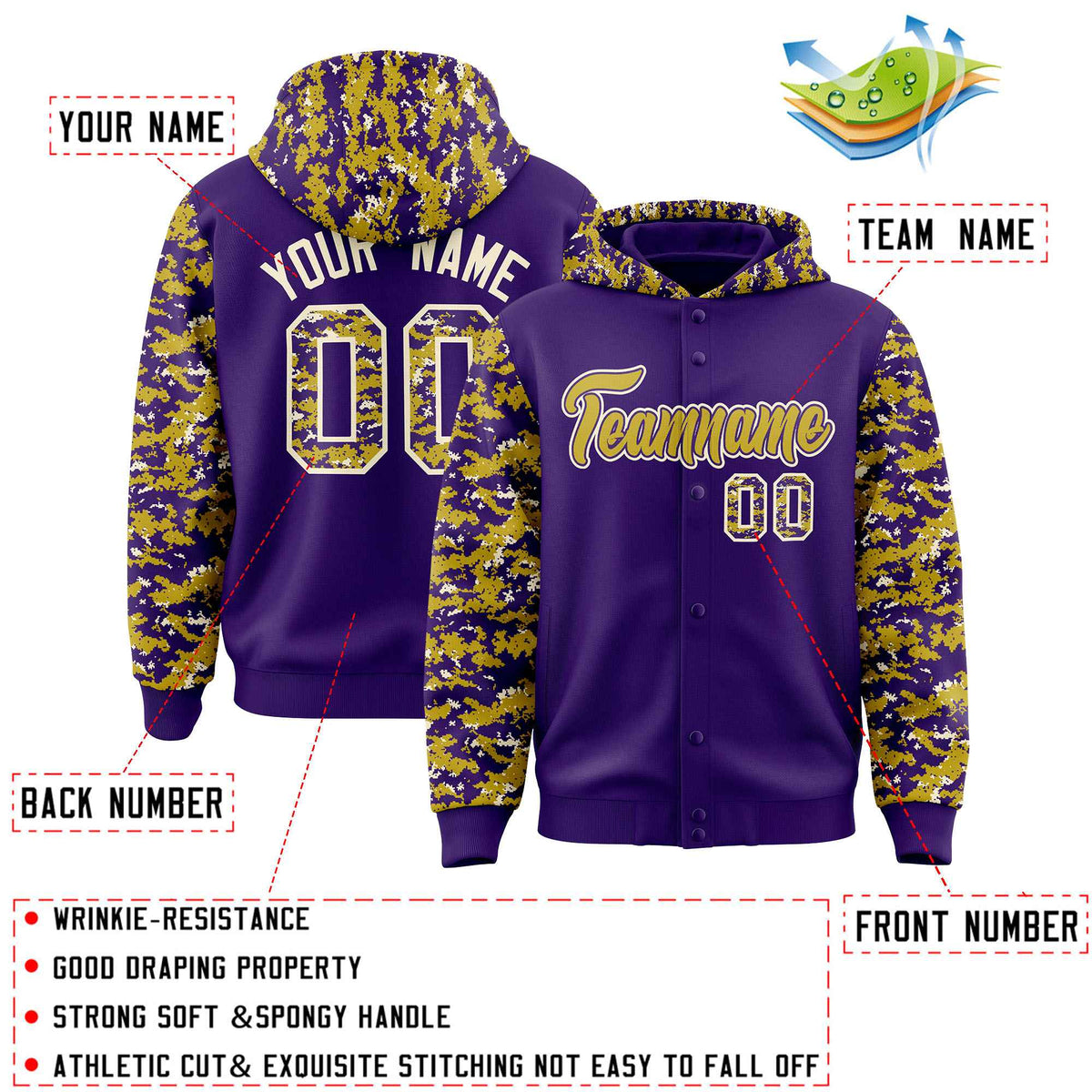 Custom Purple Old Gold-Cream Raglan Sleeves Varsity Full-Snap Letterman Camo Jacket Hoodie| KXKSHOP