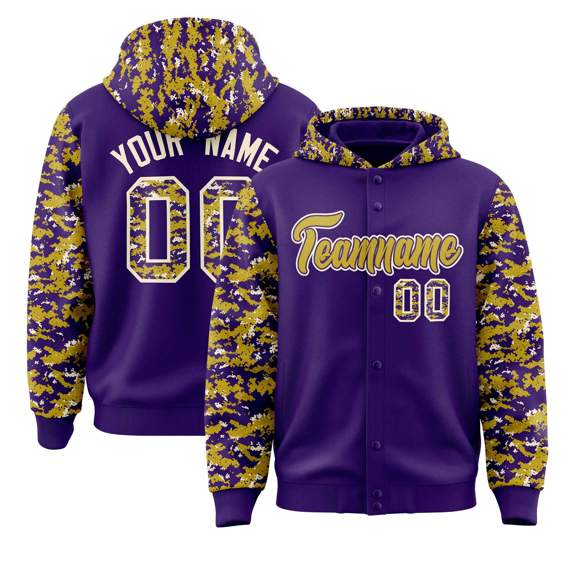 Custom Purple Old Gold-Cream Raglan Sleeves Varsity Full-Snap Letterman Camo Jacket Hoodie| KXKSHOP