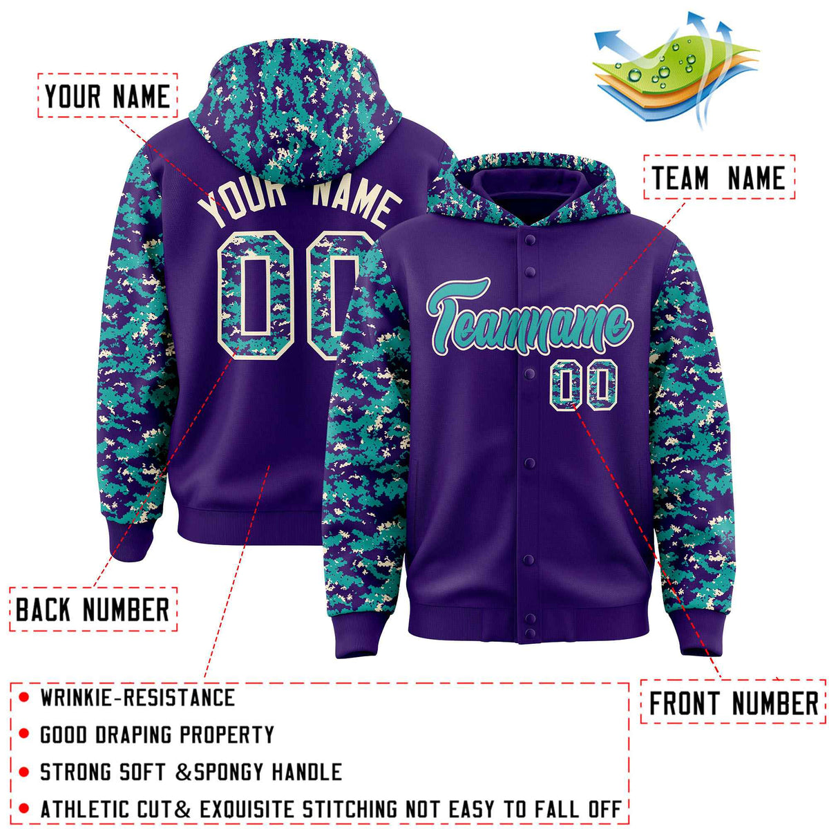 Custom Purple Aqua-Cream Raglan Sleeves Varsity Full-Snap Letterman Camo Jacket Hoodie| KXKSHOP