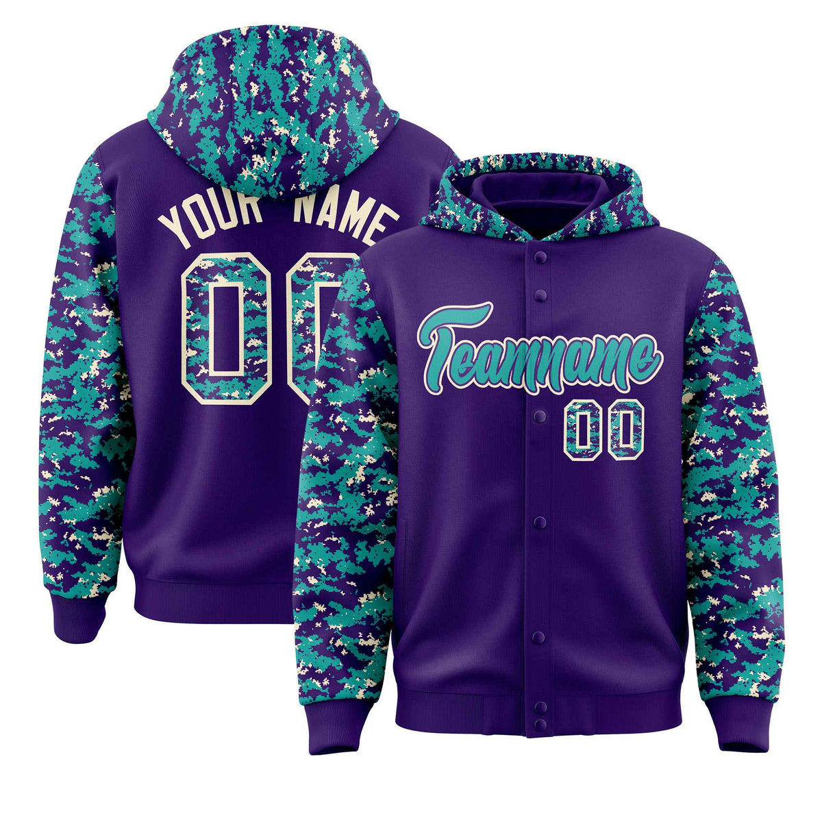 Custom Purple Aqua-Cream Raglan Sleeves Varsity Full-Snap Letterman Camo Jacket Hoodie| KXKSHOP