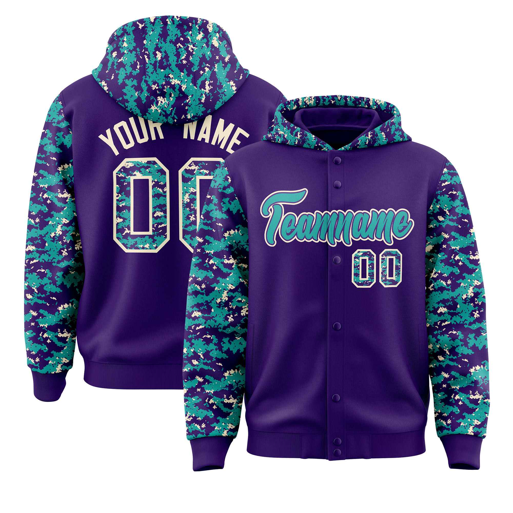 Custom Purple Aqua-Cream Raglan Sleeves Varsity Full-Snap Letterman Camo Jacket Hoodie| KXKSHOP