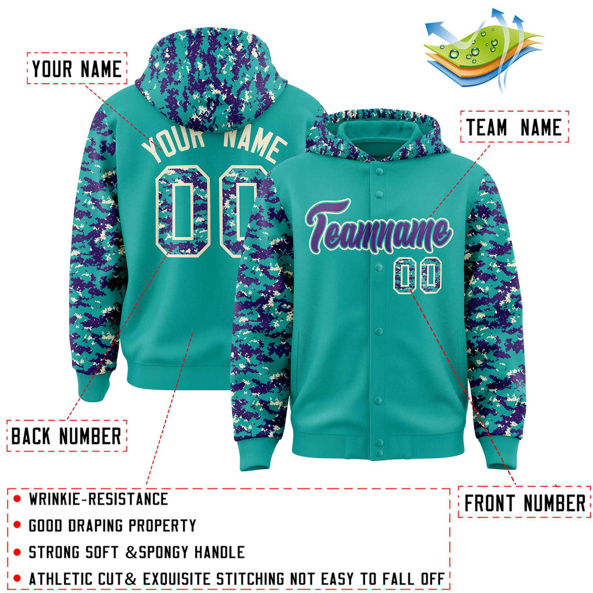 Custom Aqua Purple-Cream Raglan Sleeves Varsity Full-Snap Letterman Camo Jacket Hoodie| KXKSHOP
