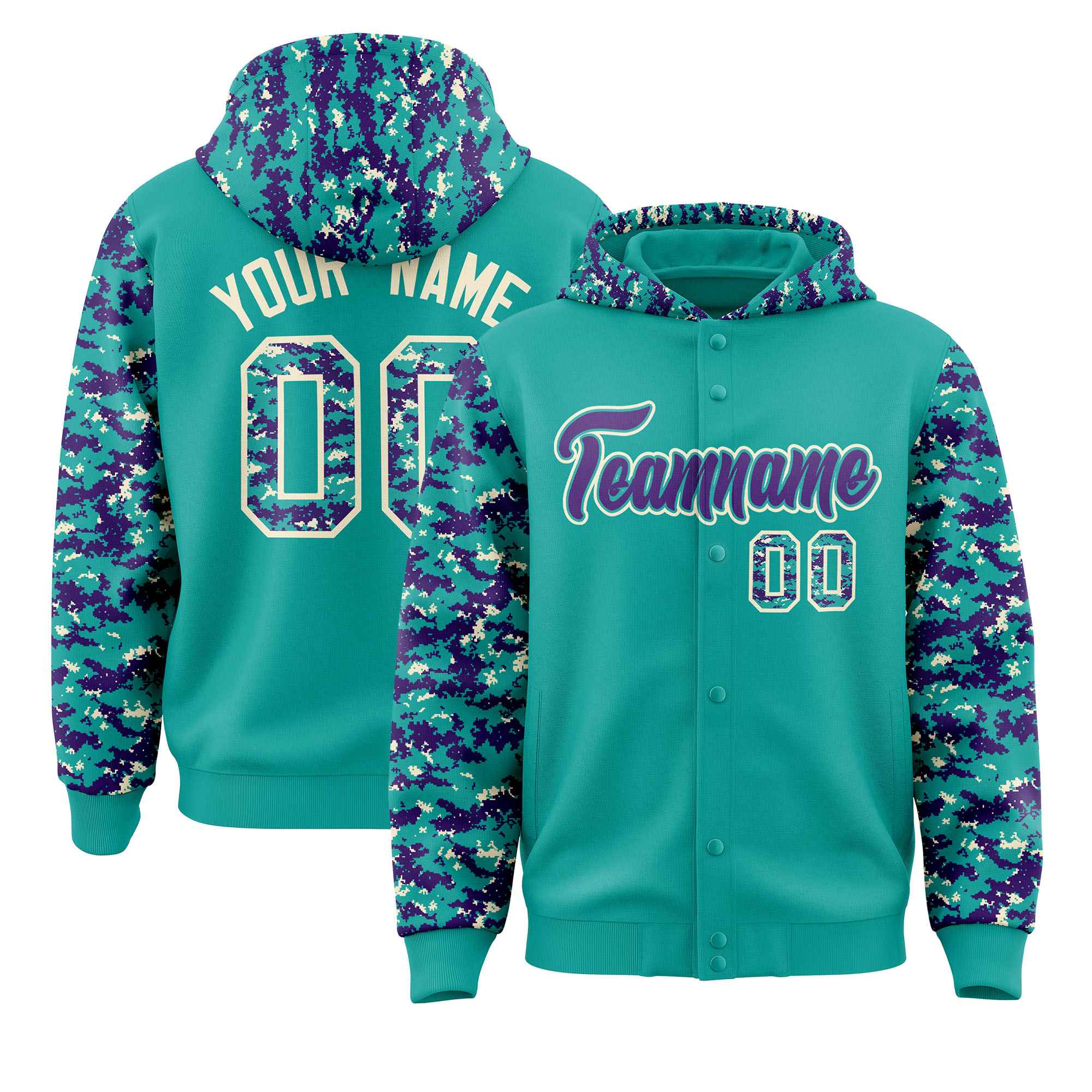 Custom Aqua Purple-Cream Raglan Sleeves Varsity Full-Snap Letterman Camo Jacket Hoodie| KXKSHOP