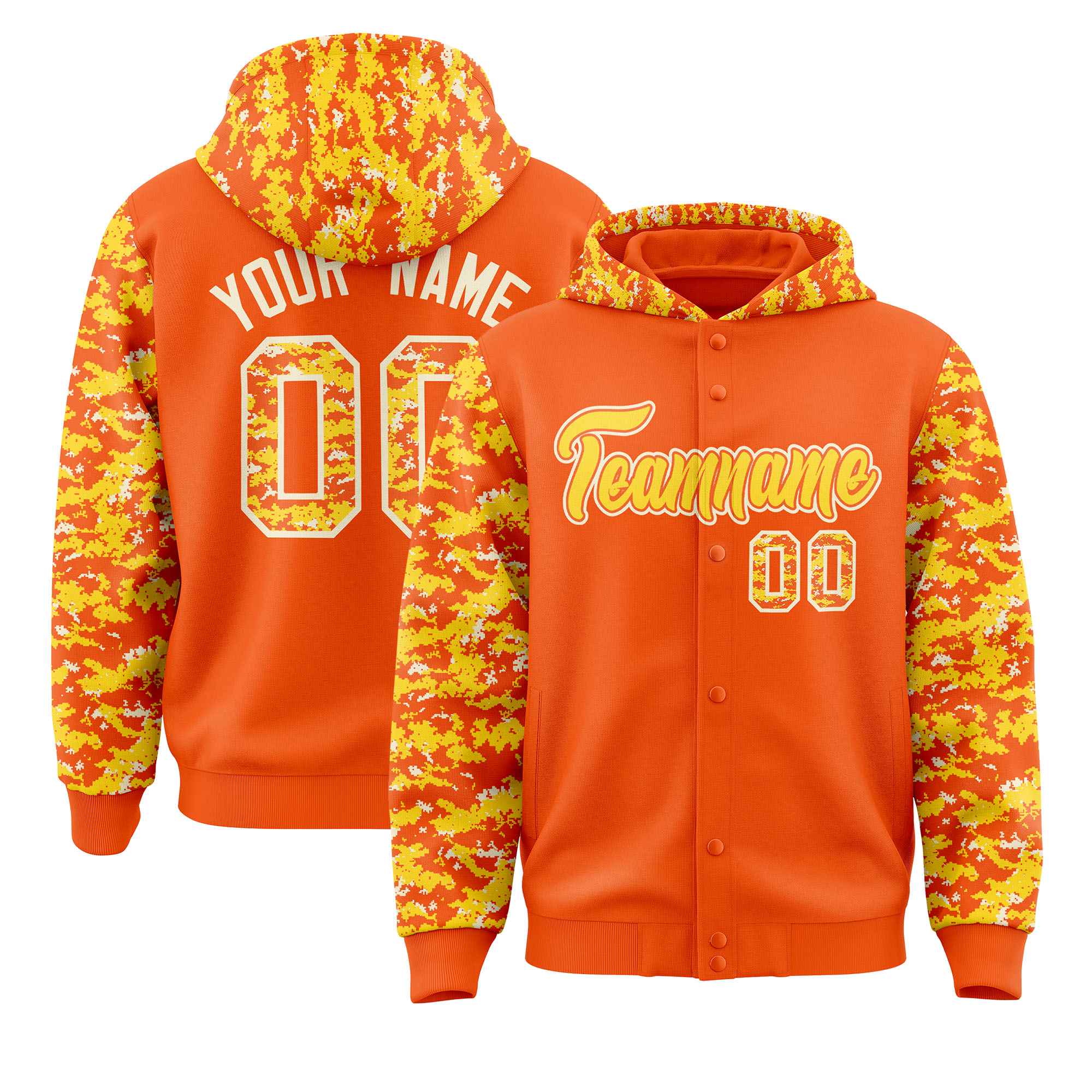 Custom Orange Gold-Cream Raglan Sleeves Varsity Full-Snap Letterman Camo Jacket Hoodie| KXKSHOP