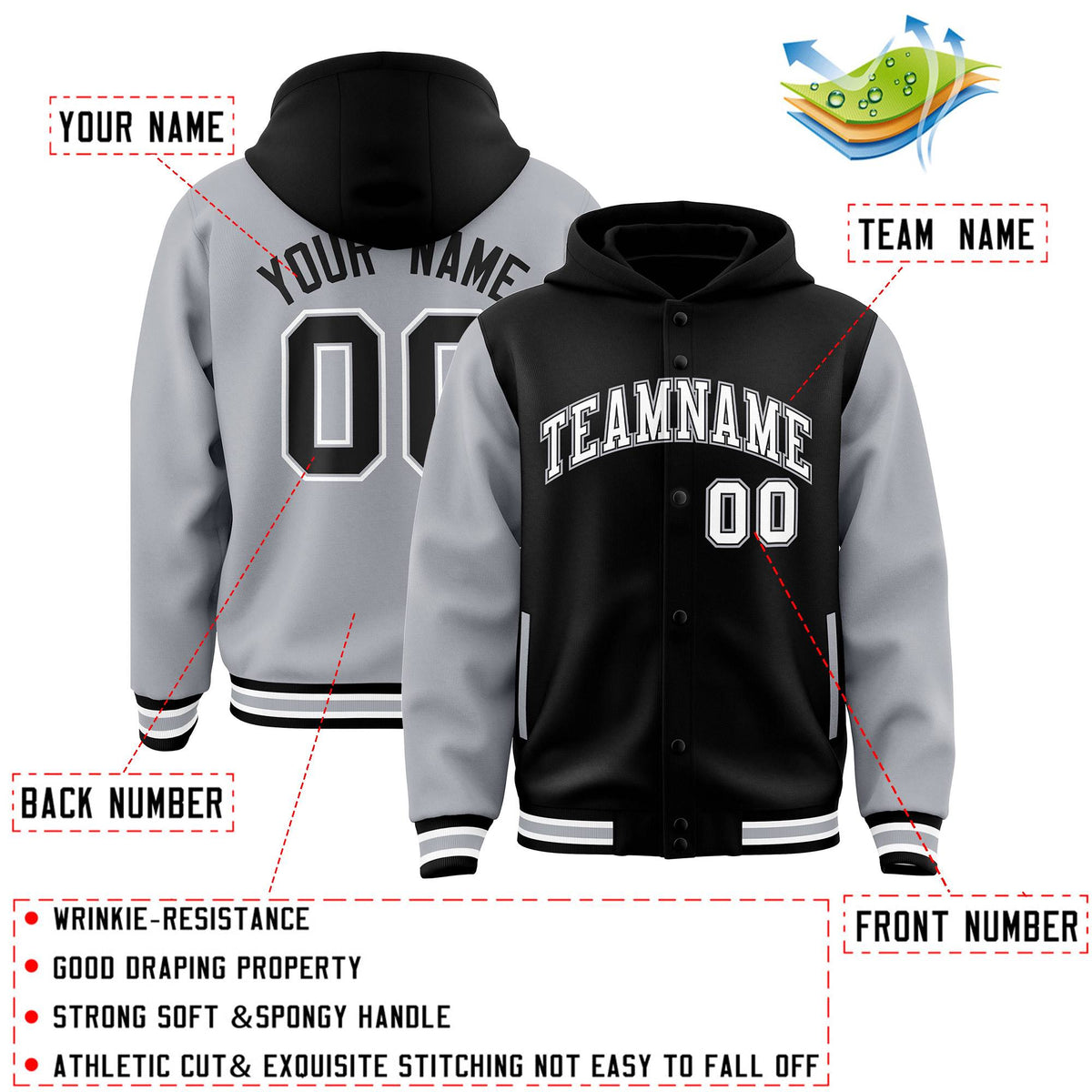 Custom Black Gray Raglan Sleeves Varsity Full-Snap Letterman Two Tone Jacket Hoodie| KXKSHOP