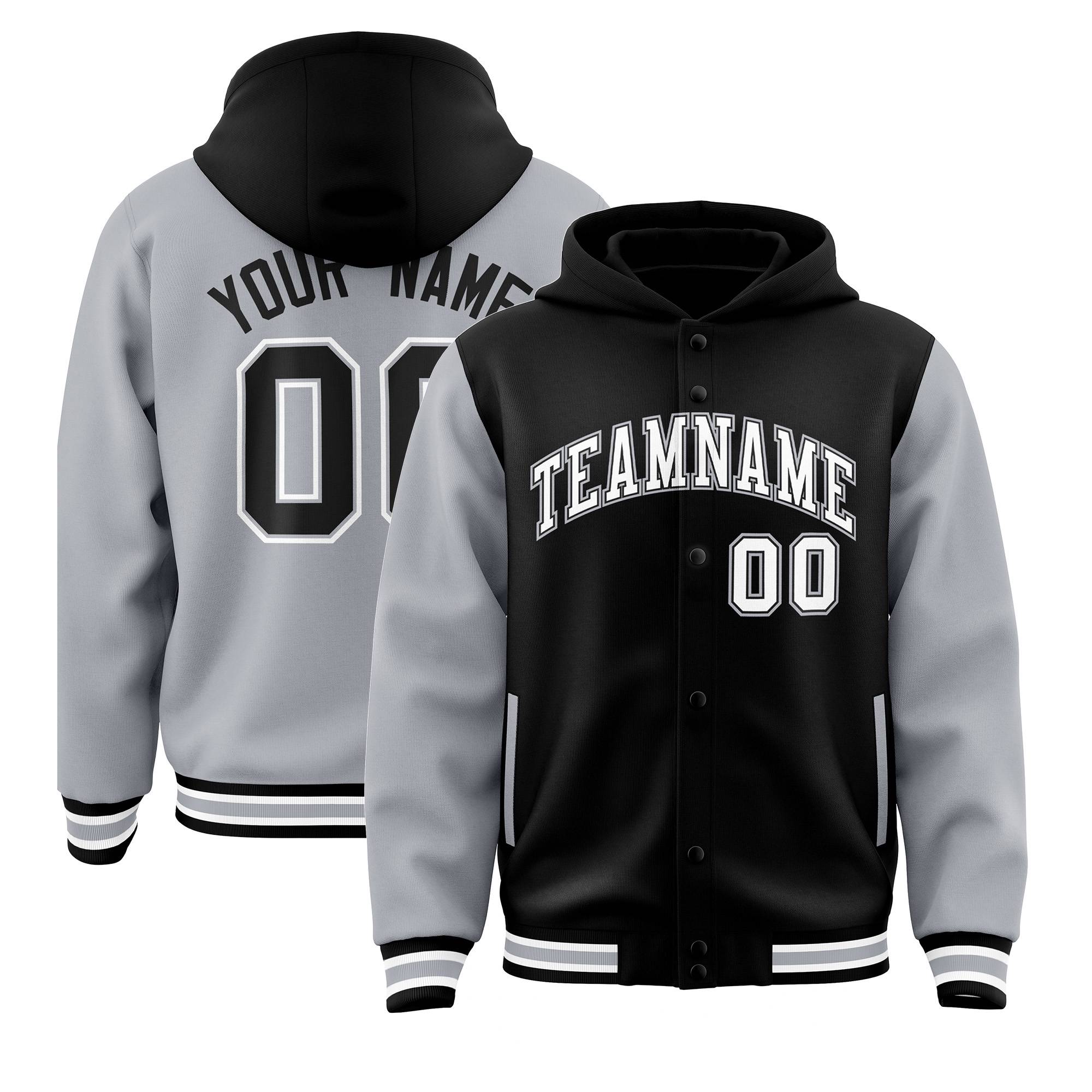 Custom Black Gray Raglan Sleeves Varsity Full-Snap Letterman Two Tone Jacket Hoodie| KXKSHOP