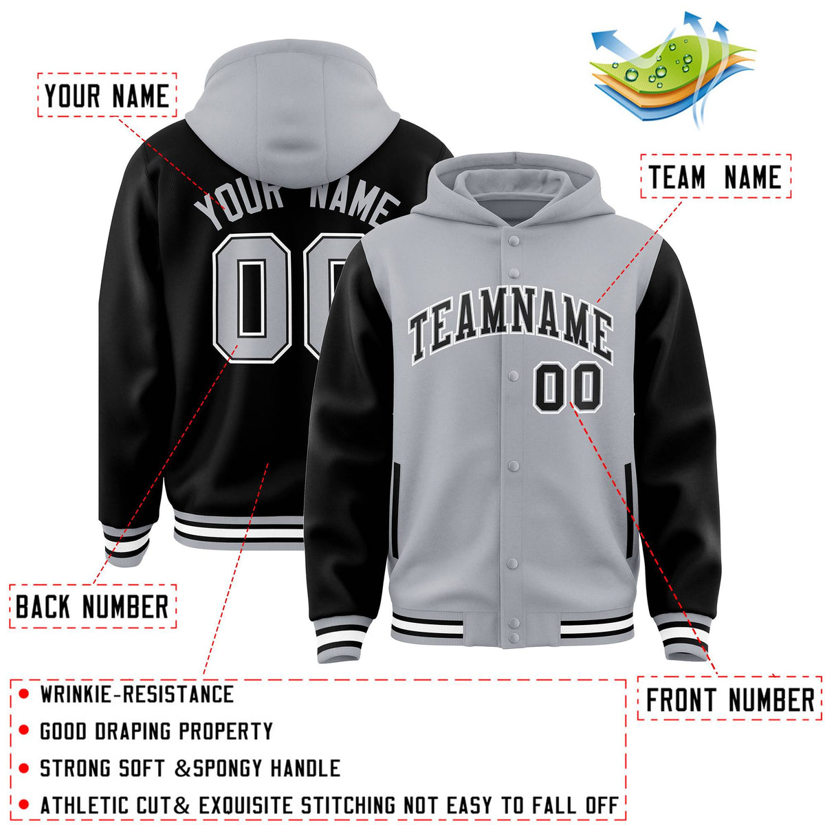 Custom Gray Black Raglan Sleeves Varsity Full-Snap Letterman Two Tone Jacket Hoodie| KXKSHOP