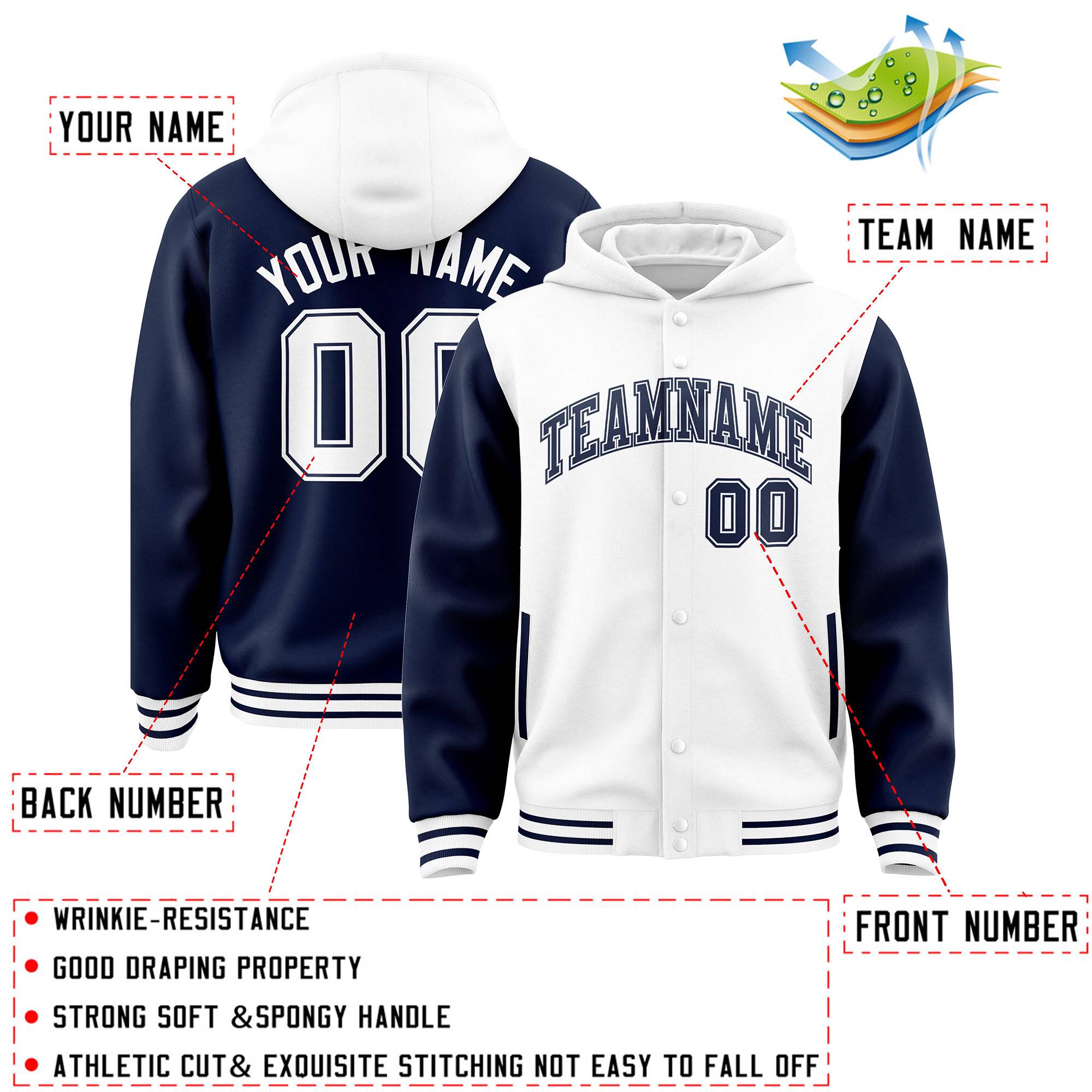 Custom White Navy Raglan Sleeves Varsity Full-Snap Letterman Two Tone Jacket Hoodie| KXKSHOP
