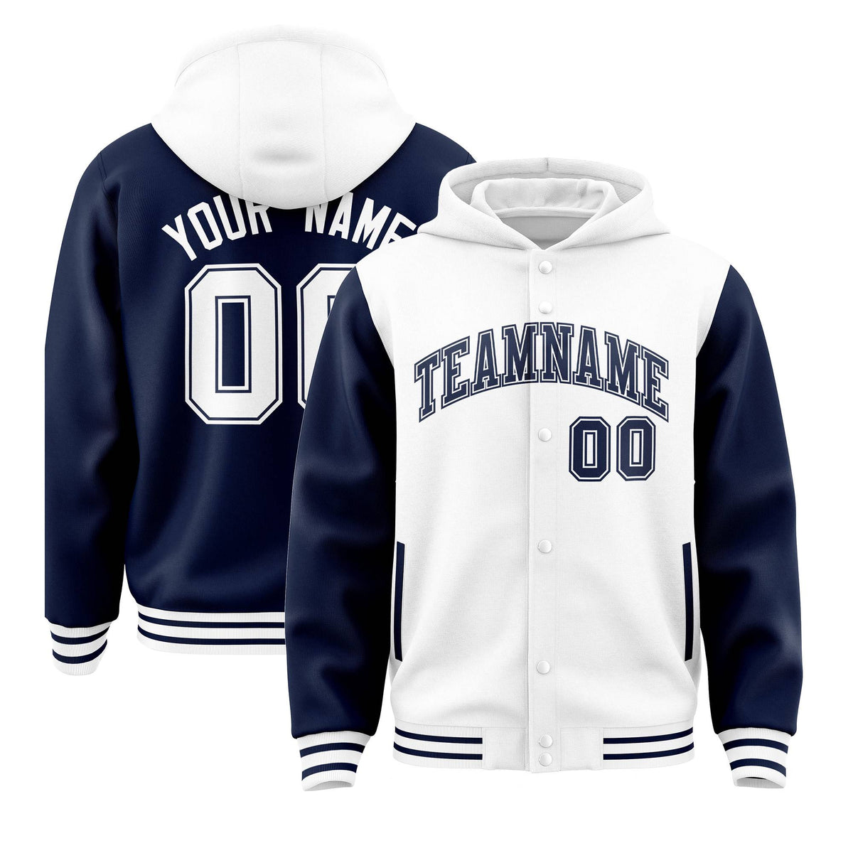 Custom White Navy Raglan Sleeves Varsity Full-Snap Letterman Two Tone Jacket Hoodie| KXKSHOP