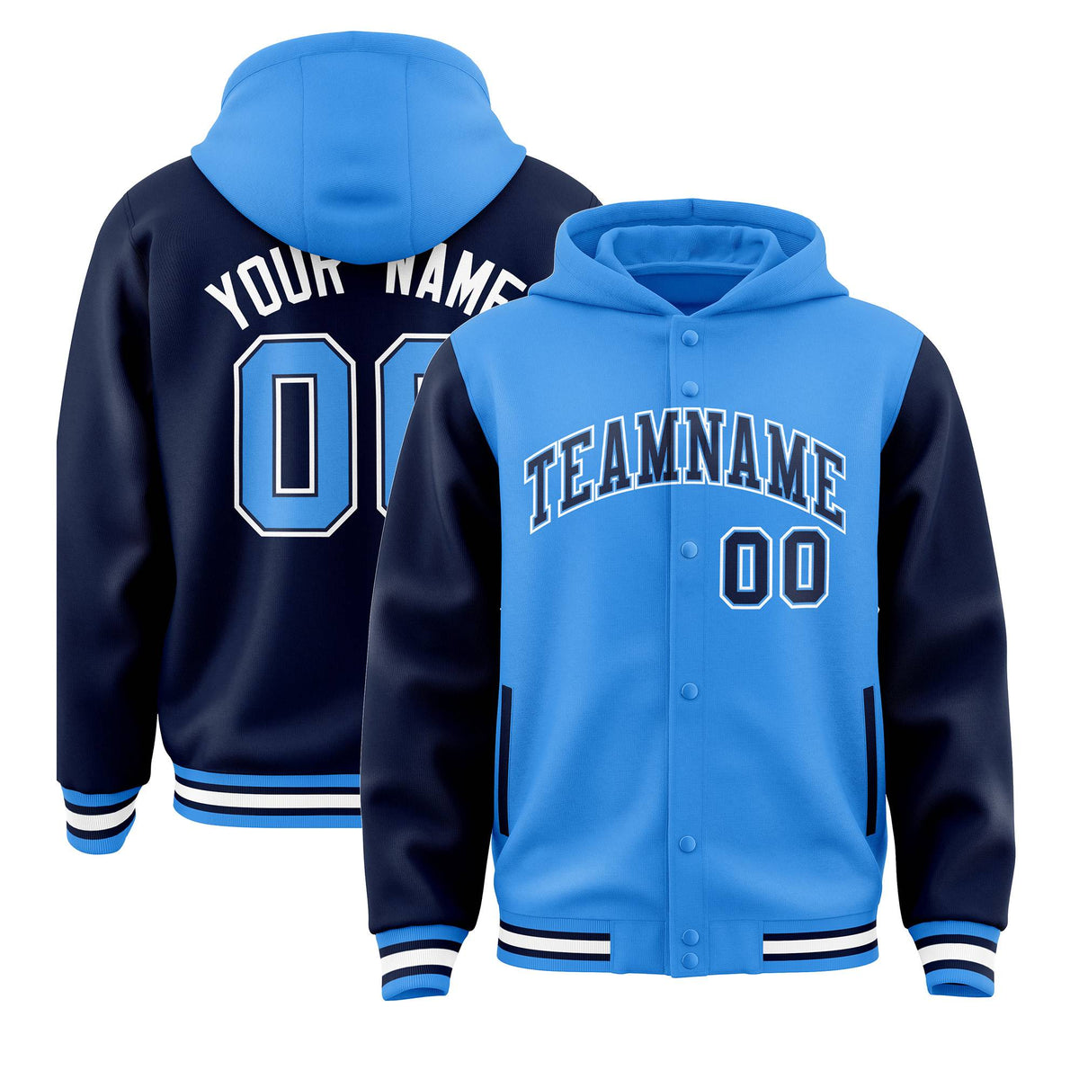 Custom Powder Blue Navy Raglan Sleeves Varsity Full-Snap Letterman Two Tone Jacket Hoodie| KXKSHOP