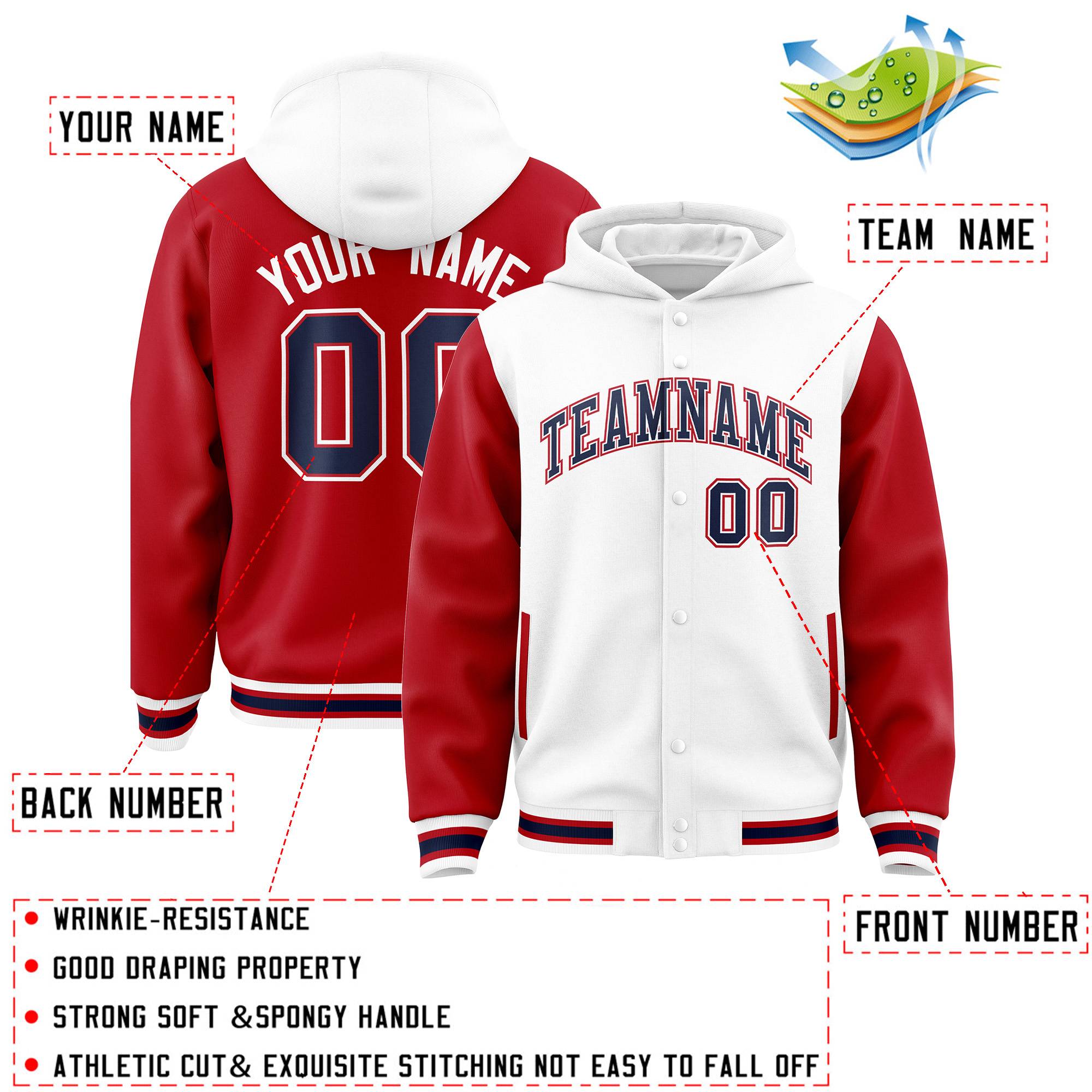 Custom White Red Raglan Sleeves Varsity Full-Snap Letterman Two Tone Jacket Hoodie| KXKSHOP