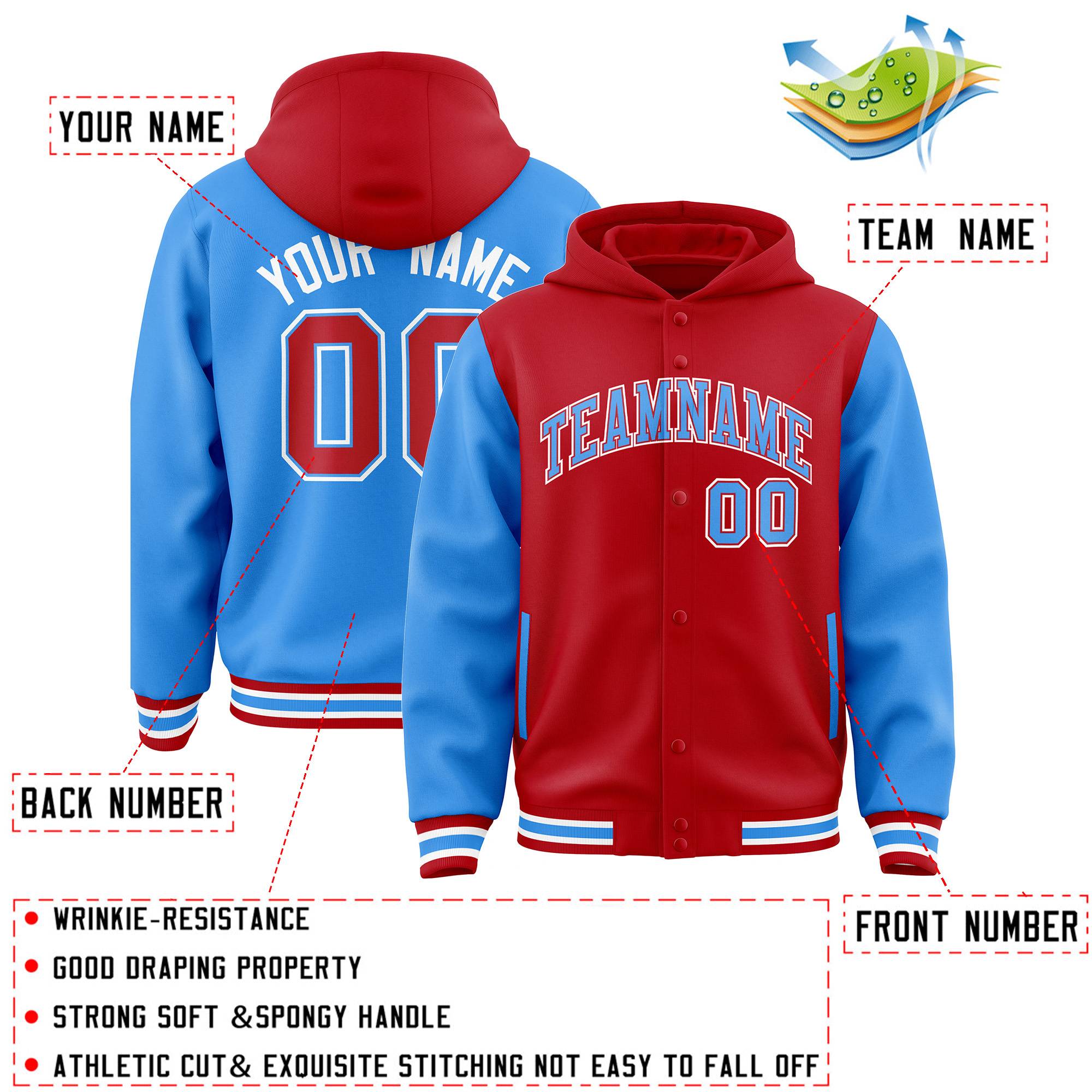 Custom Red Powder Blue Raglan Sleeves Varsity Full-Snap Letterman Two Tone Jacket Hoodie| KXKSHOP