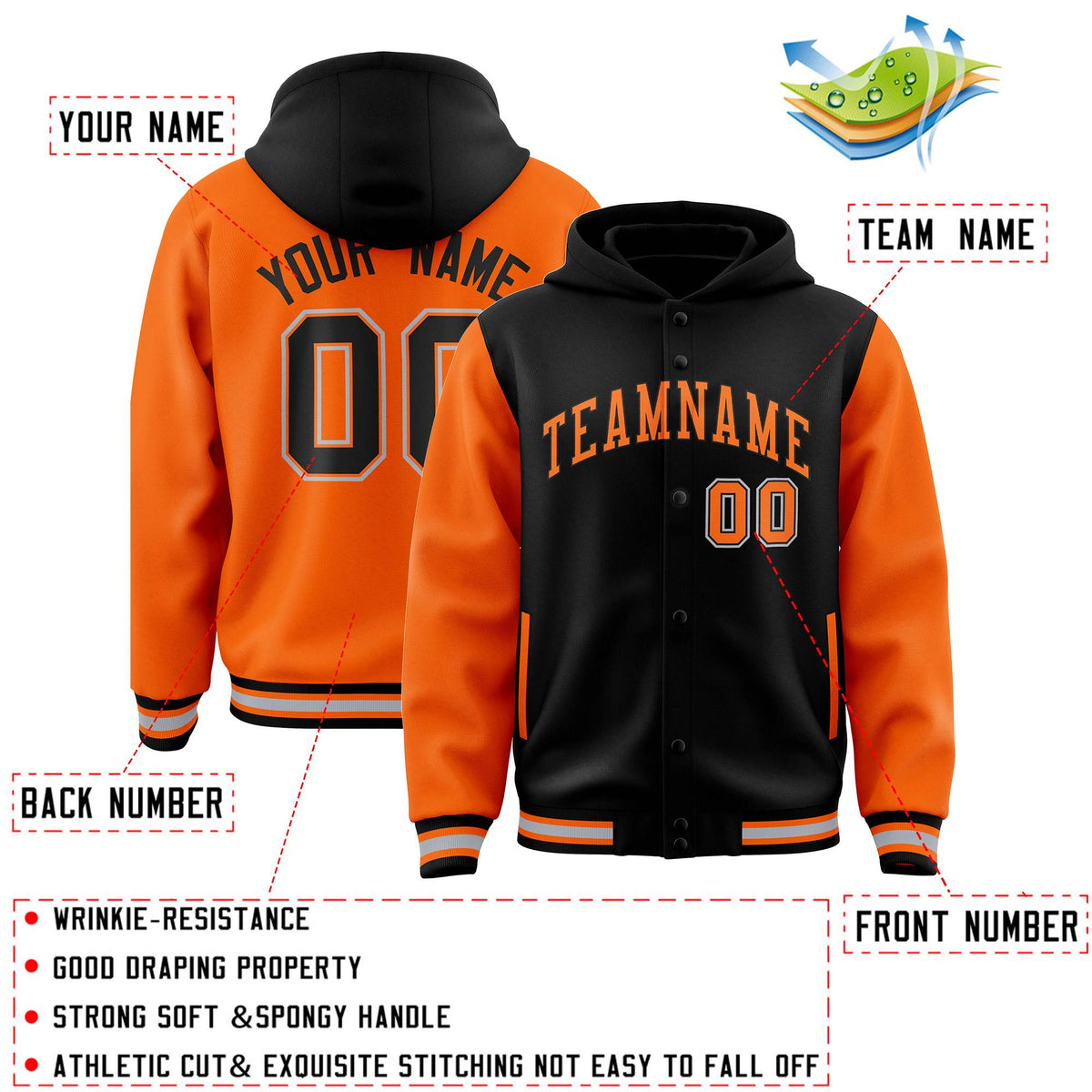 Custom Black Orange Raglan Sleeves Varsity Full-Snap Letterman Two Tone Jacket Hoodie| KXKSHOP