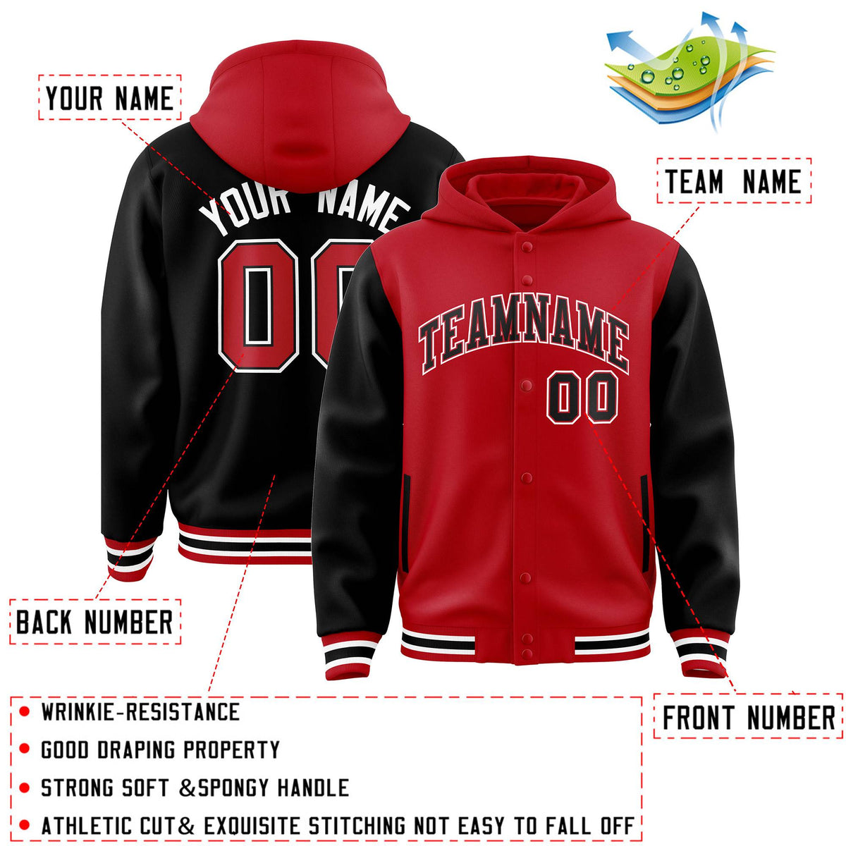 Custom Red Black Raglan Sleeves Varsity Full-Snap Letterman Two Tone Jacket Hoodie| KXKSHOP