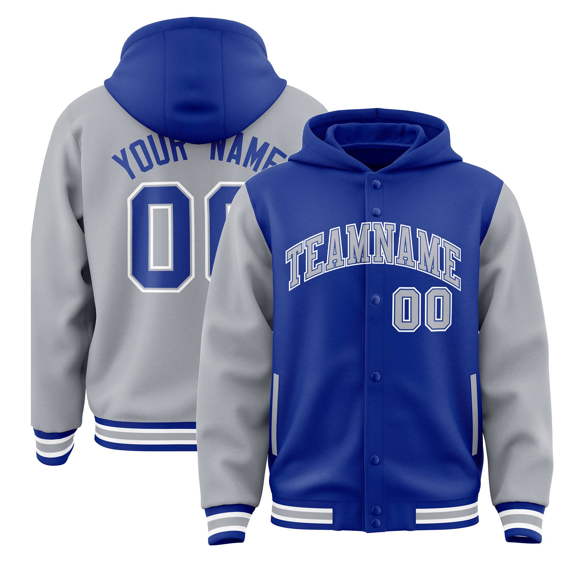 Custom Royal Gray Raglan Sleeves Varsity Full-Snap Letterman Two Tone Jacket Hoodie| KXKSHOP