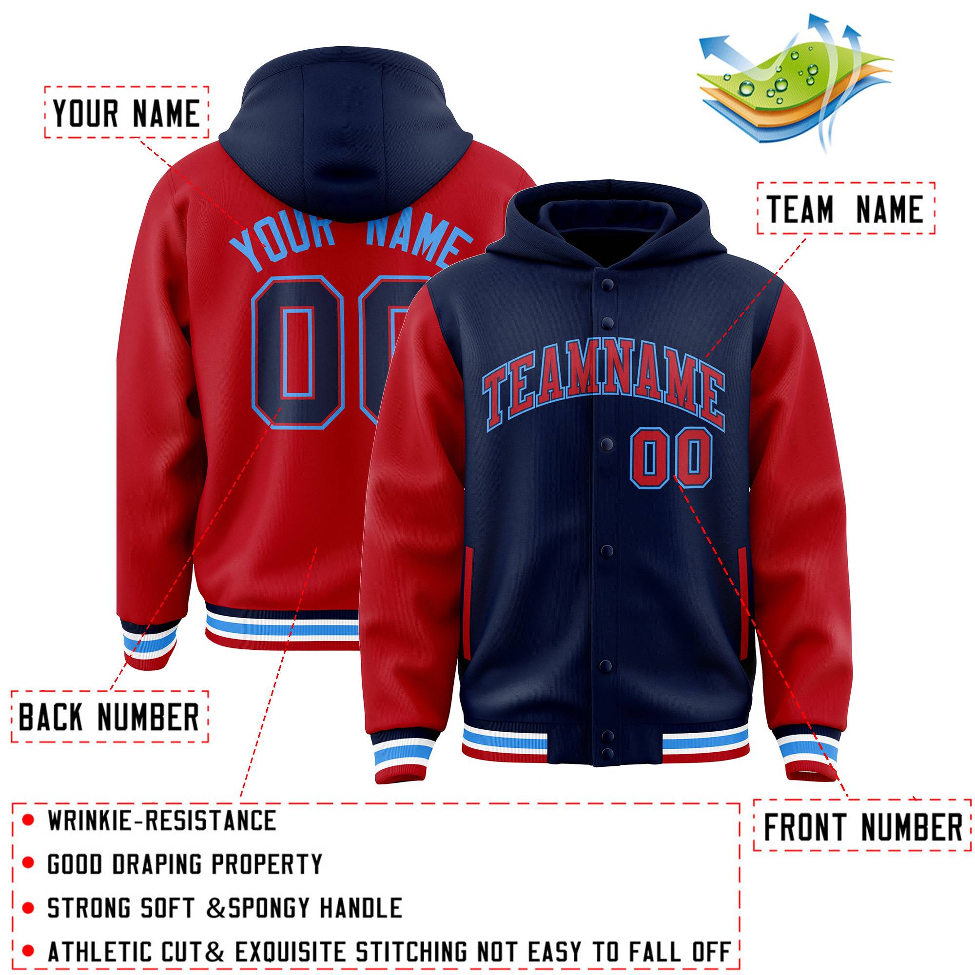 Custom Navy Red Raglan Sleeves Varsity Full-Snap Letterman Two Tone Jacket Hoodie| KXKSHOP
