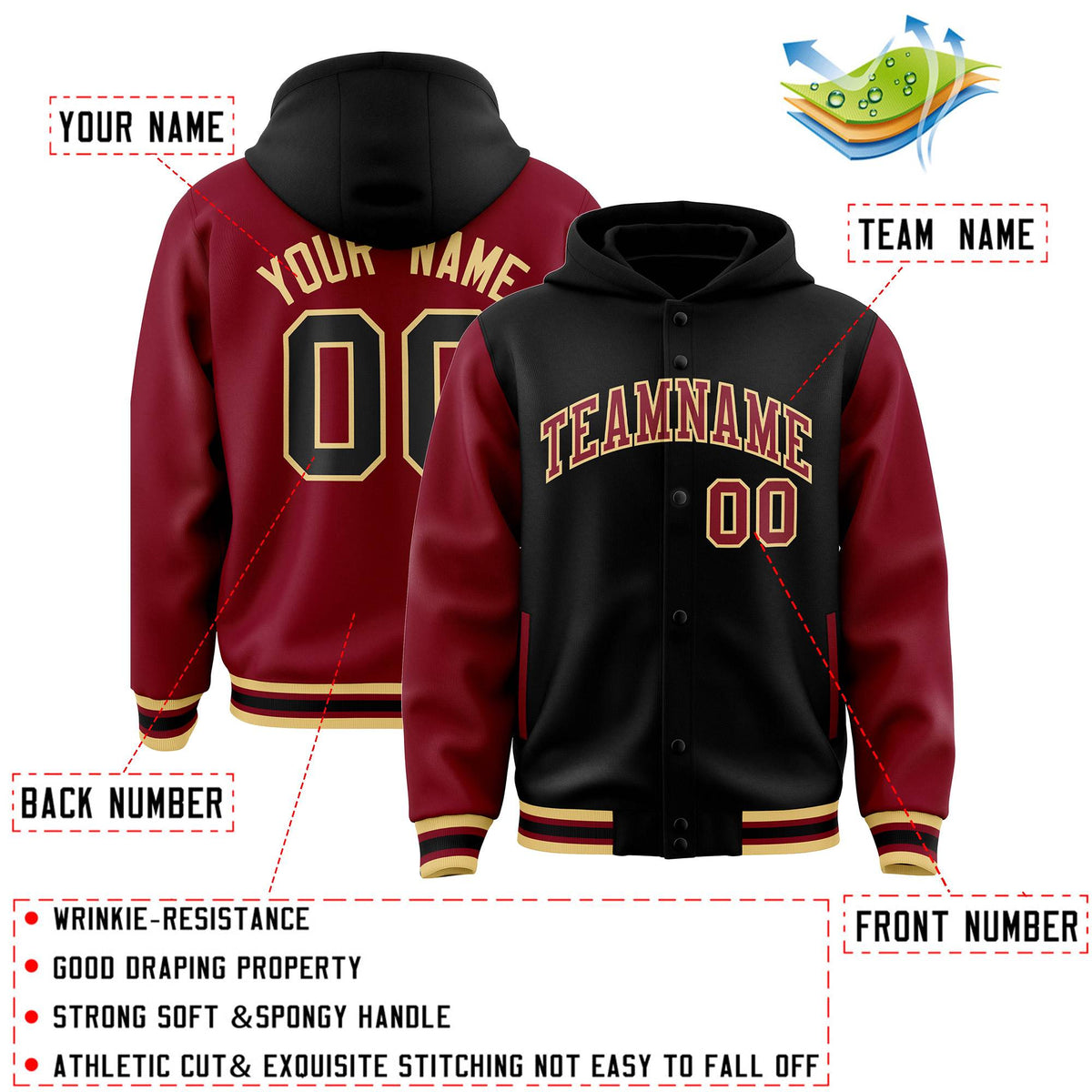 Custom Khaki Crimson Raglan Sleeves Varsity Full-Snap Letterman Two Tone Jacket Hoodie| KXKSHOP