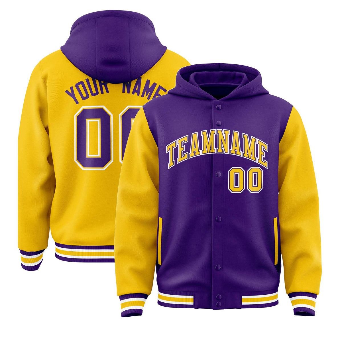 Custom Purple Gold Raglan Sleeves Varsity Full-Snap Letterman Two Tone Jacket Hoodie| KXKSHOP