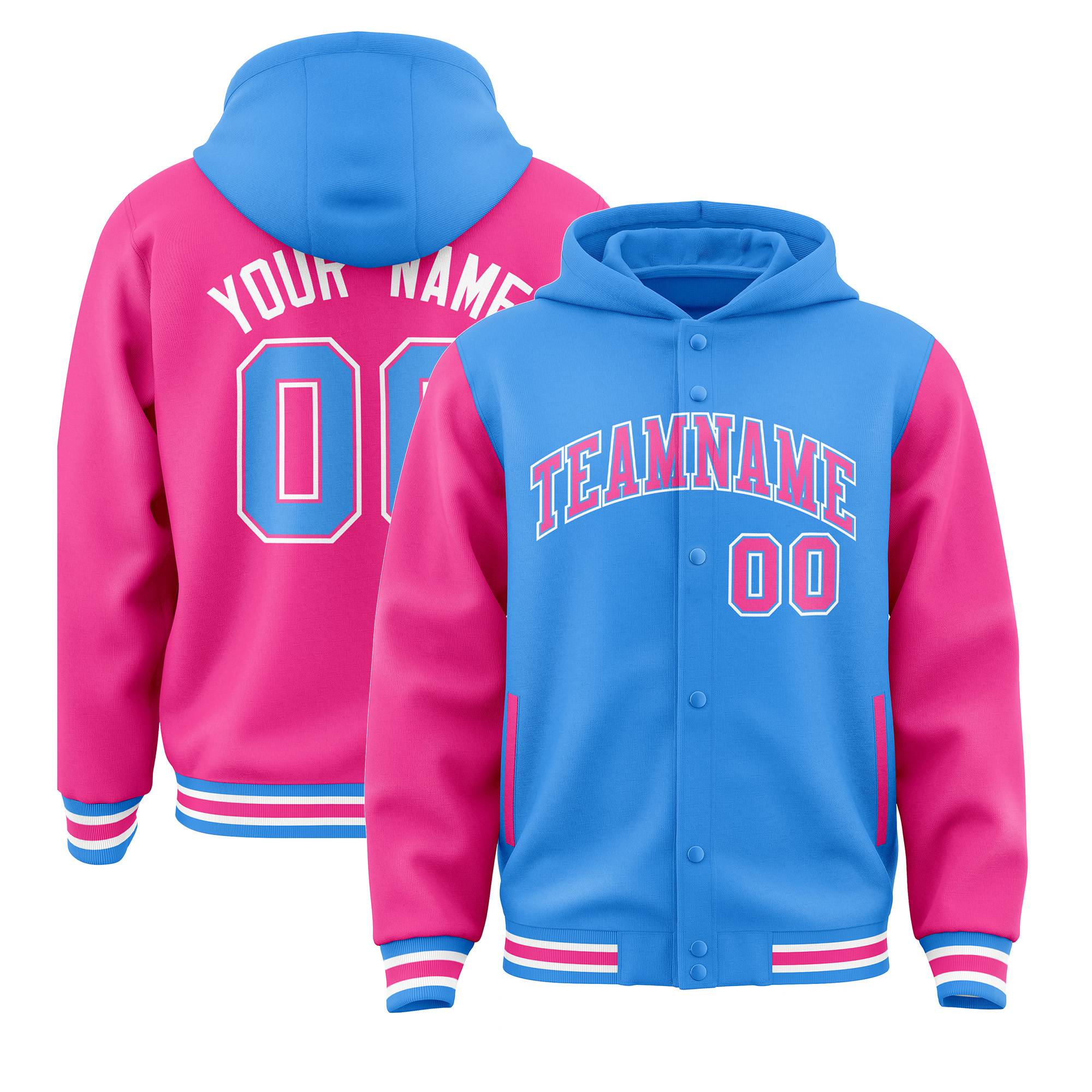 Custom Powder Blue Pink Raglan Sleeves Varsity Full-Snap Letterman Two Tone Jacket Hoodie| KXKSHOP