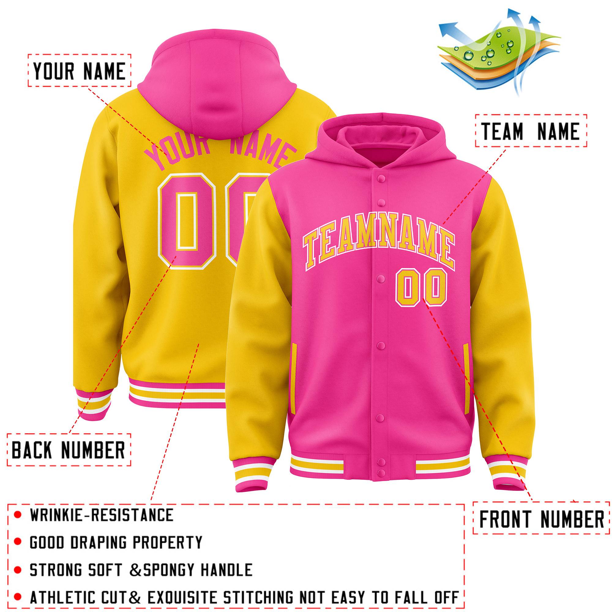 Custom Pink Gold Raglan Sleeves Varsity Full-Snap Letterman Two Tone Jacket Hoodie| KXKSHOP