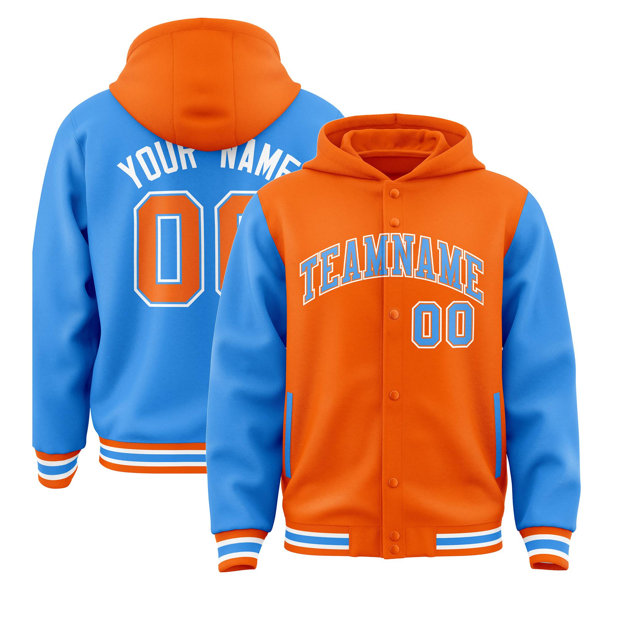 Custom Orange Powder Blue Raglan Sleeves Varsity Full-Snap Letterman Two Tone Jacket Hoodie| KXKSHOP