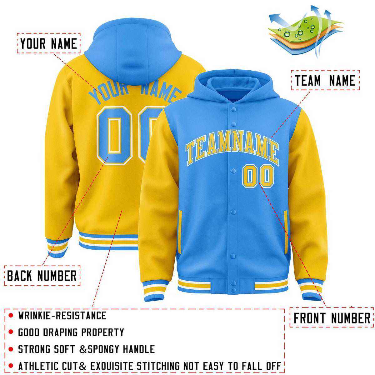 Custom Powder Blue Gold Raglan Sleeves Varsity Full-Snap Letterman Two Tone Jacket Hoodie| KXKSHOP