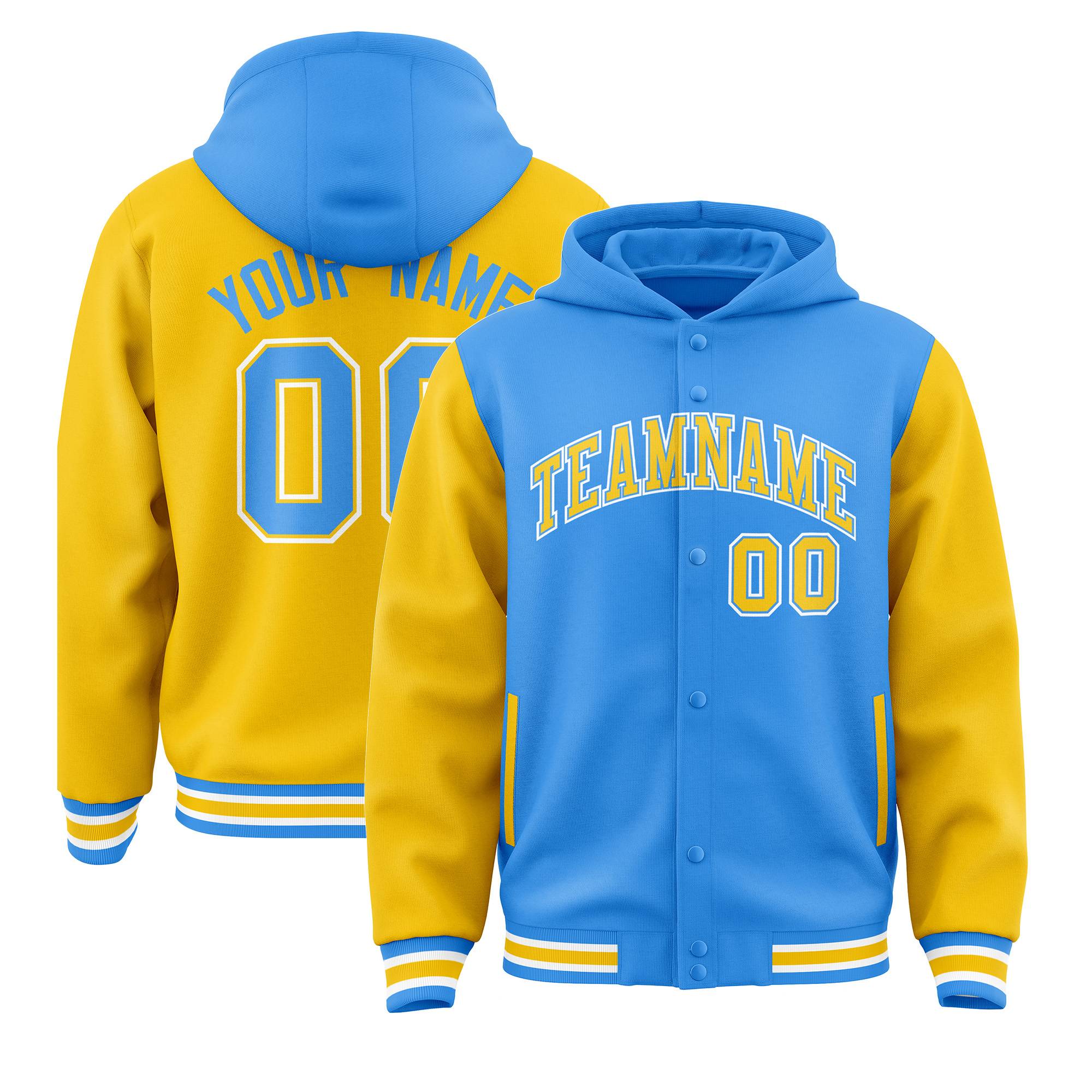 Custom Powder Blue Gold Raglan Sleeves Varsity Full-Snap Letterman Two Tone Jacket Hoodie| KXKSHOP