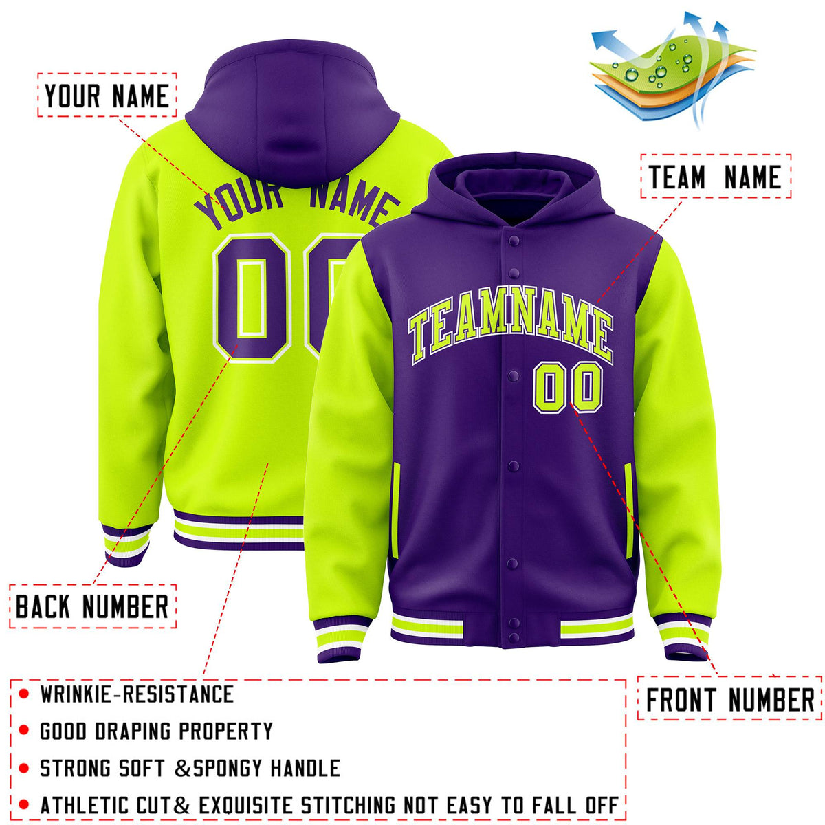 Custom Purple Neon Green Raglan Sleeves Varsity Full-Snap Letterman Two Tone Jacket Hoodie| KXKSHOP