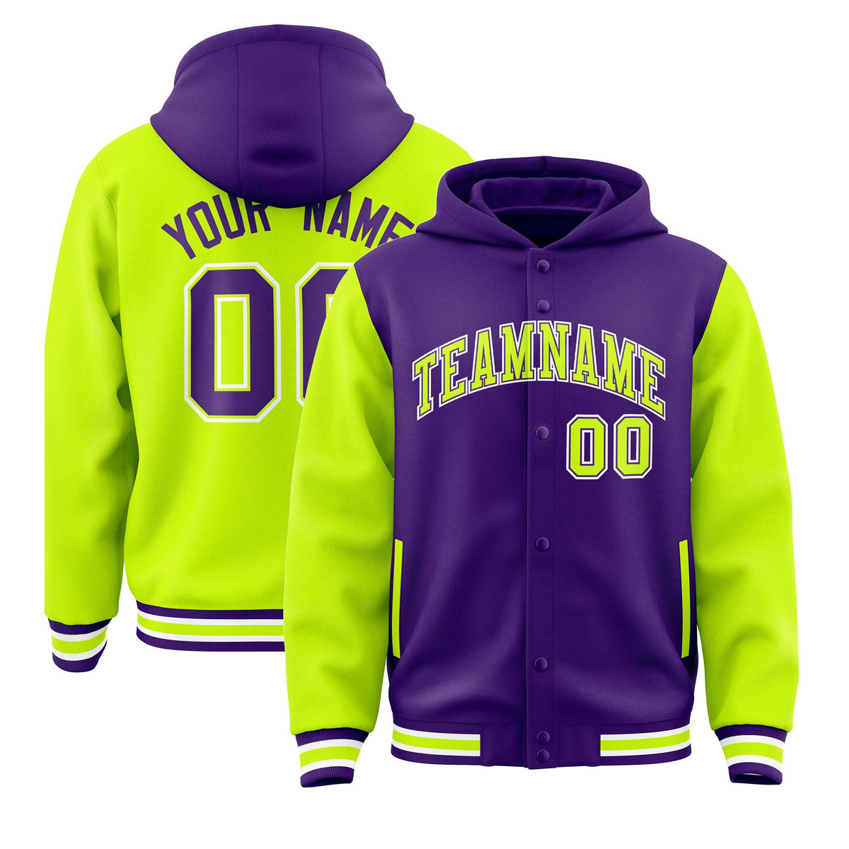Custom Purple Neon Green Raglan Sleeves Varsity Full-Snap Letterman Two Tone Jacket Hoodie| KXKSHOP