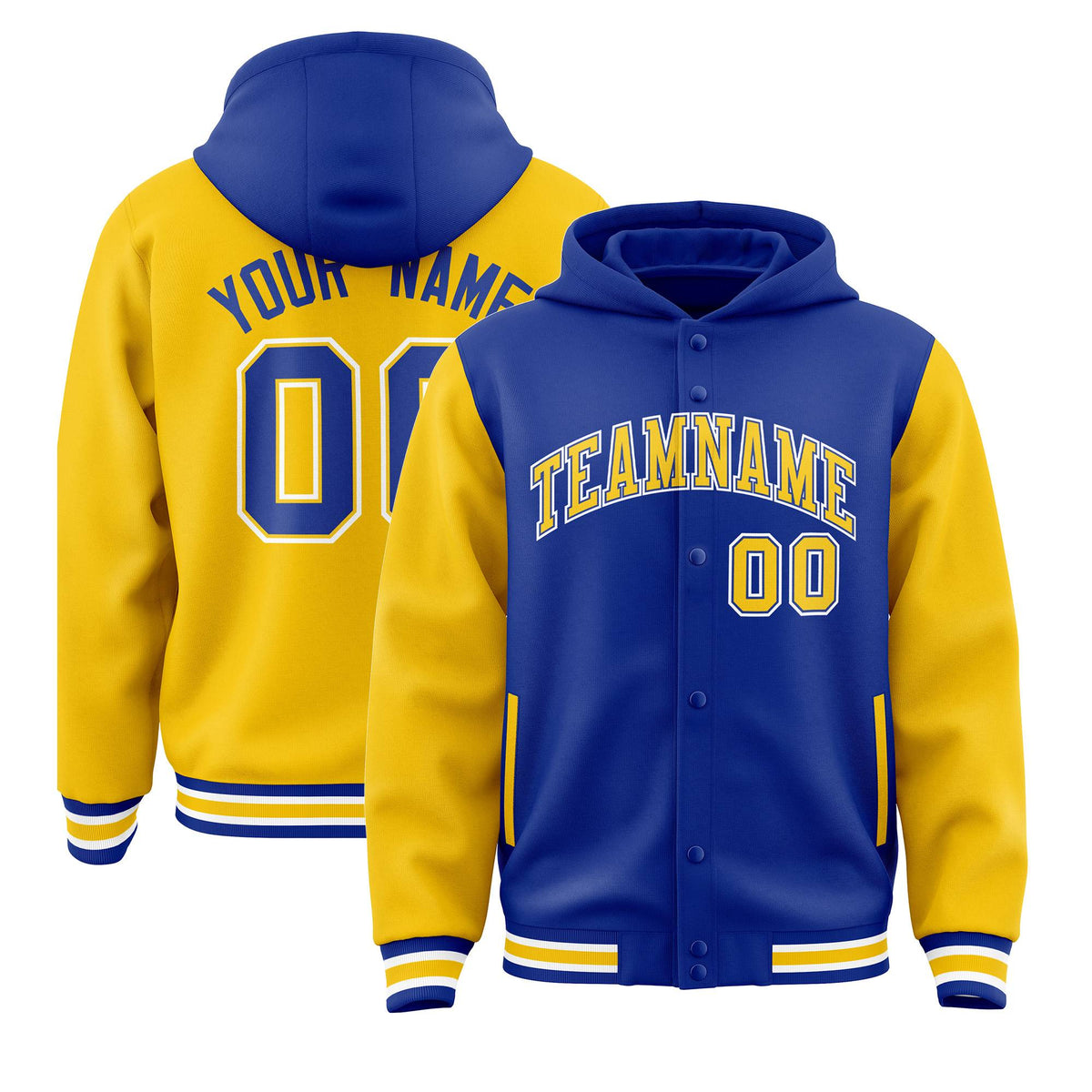 Custom Royal Gold Raglan Sleeves Varsity Full-Snap Letterman Two Tone Jacket Hoodie| KXKSHOP