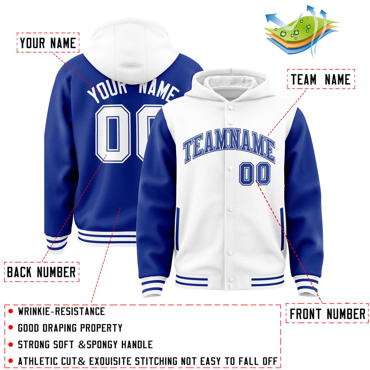 Custom White Royal Raglan Sleeves Varsity Full-Snap Letterman Two Tone Jacket Hoodie| KXKSHOP