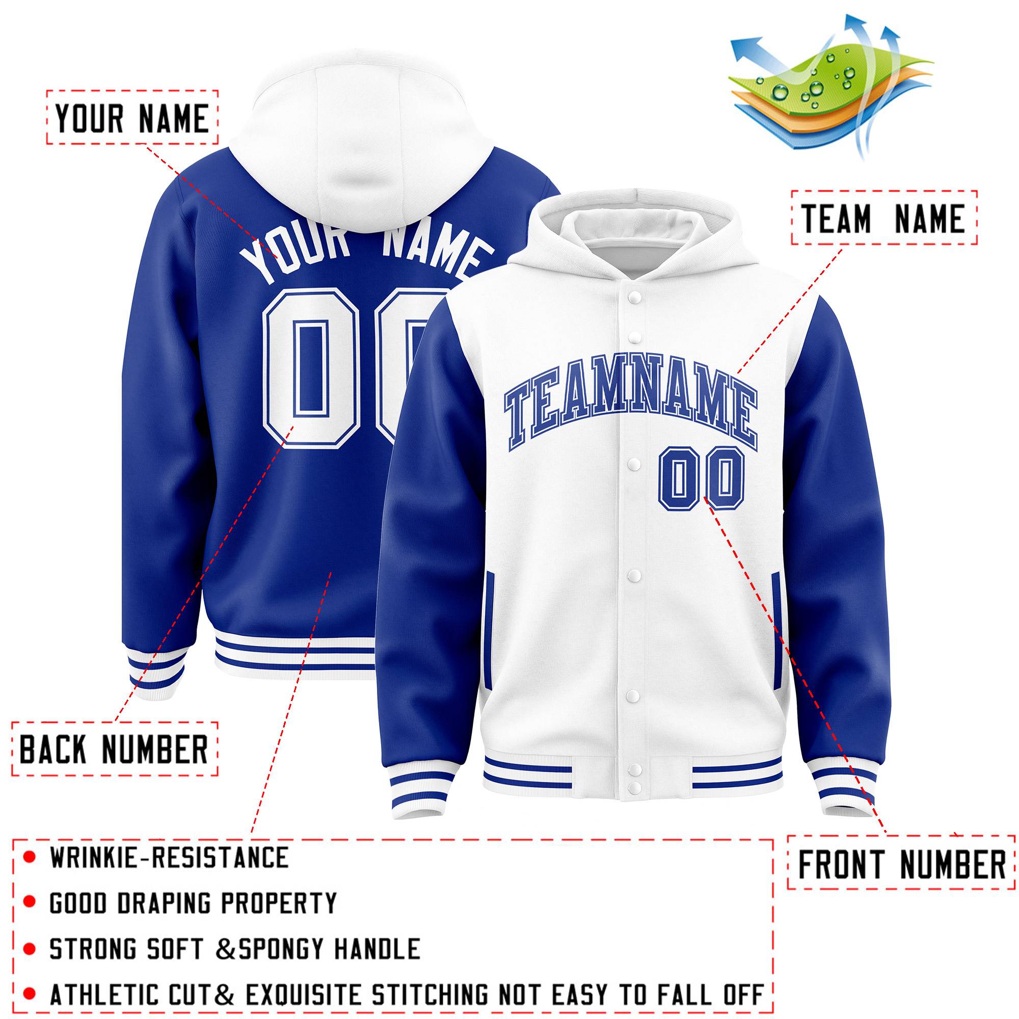 Custom White Royal Raglan Sleeves Varsity Full-Snap Letterman Two Tone Jacket Hoodie| KXKSHOP