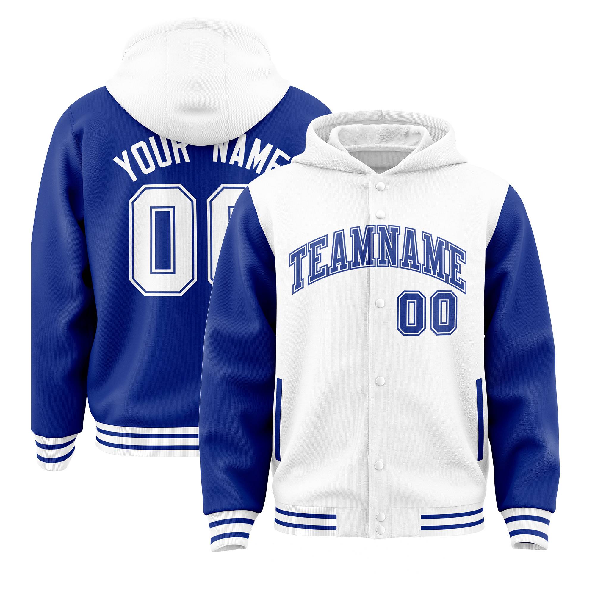 Custom White Royal Raglan Sleeves Varsity Full-Snap Letterman Two Tone Jacket Hoodie| KXKSHOP