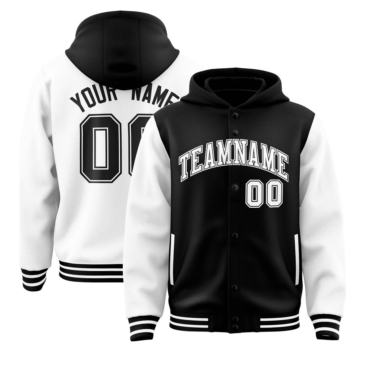 Custom Black White Raglan Sleeves Varsity Full-Snap Letterman Two Tone Jacket Hoodie| KXKSHOP